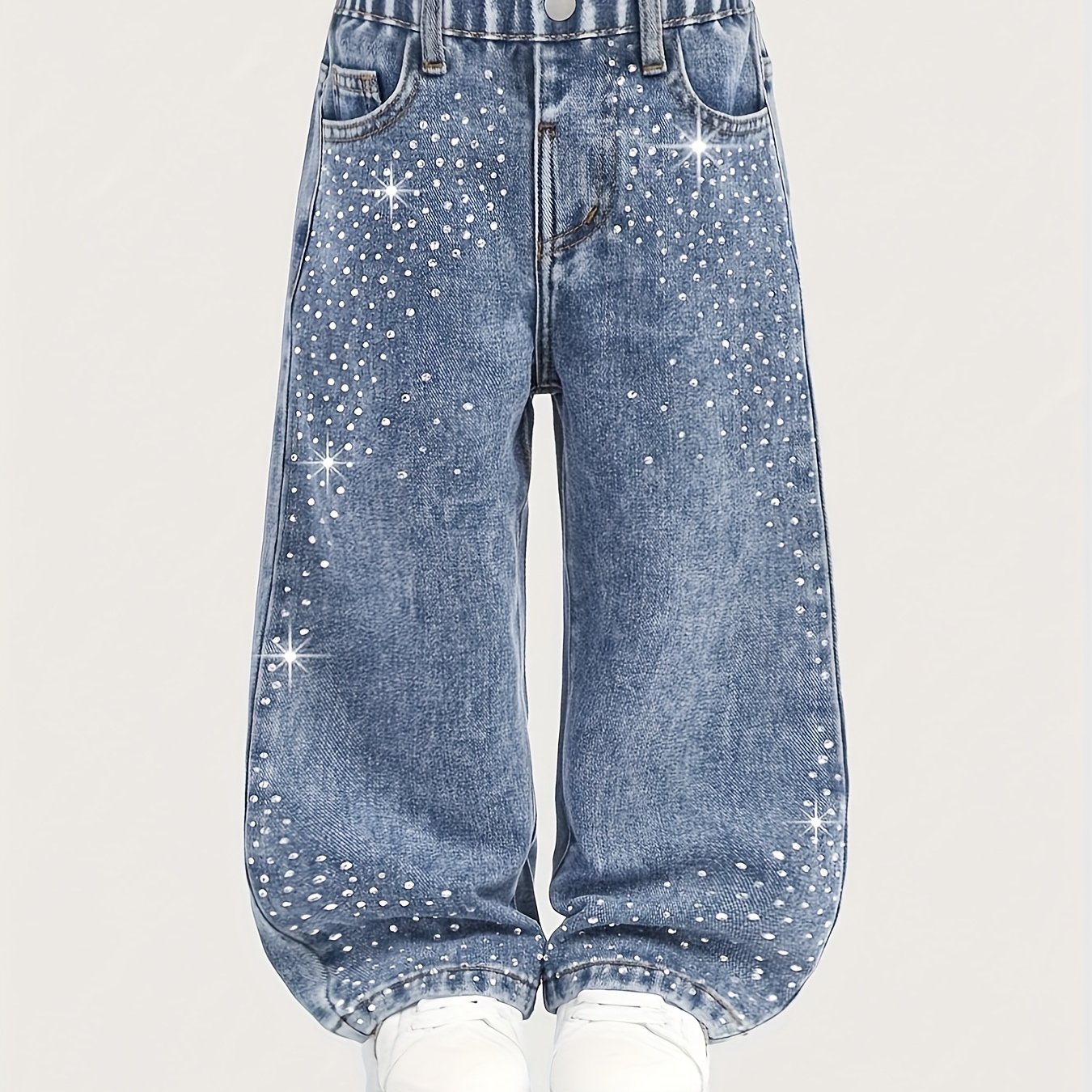 Image of Girls' Denim Denim, Dark Blue Washed Denim, Full Coverage Sequins, Sparkling Y2k Style, Suitable For Outdoor , Parties, And Daily Scenes. With Canvas Shoes