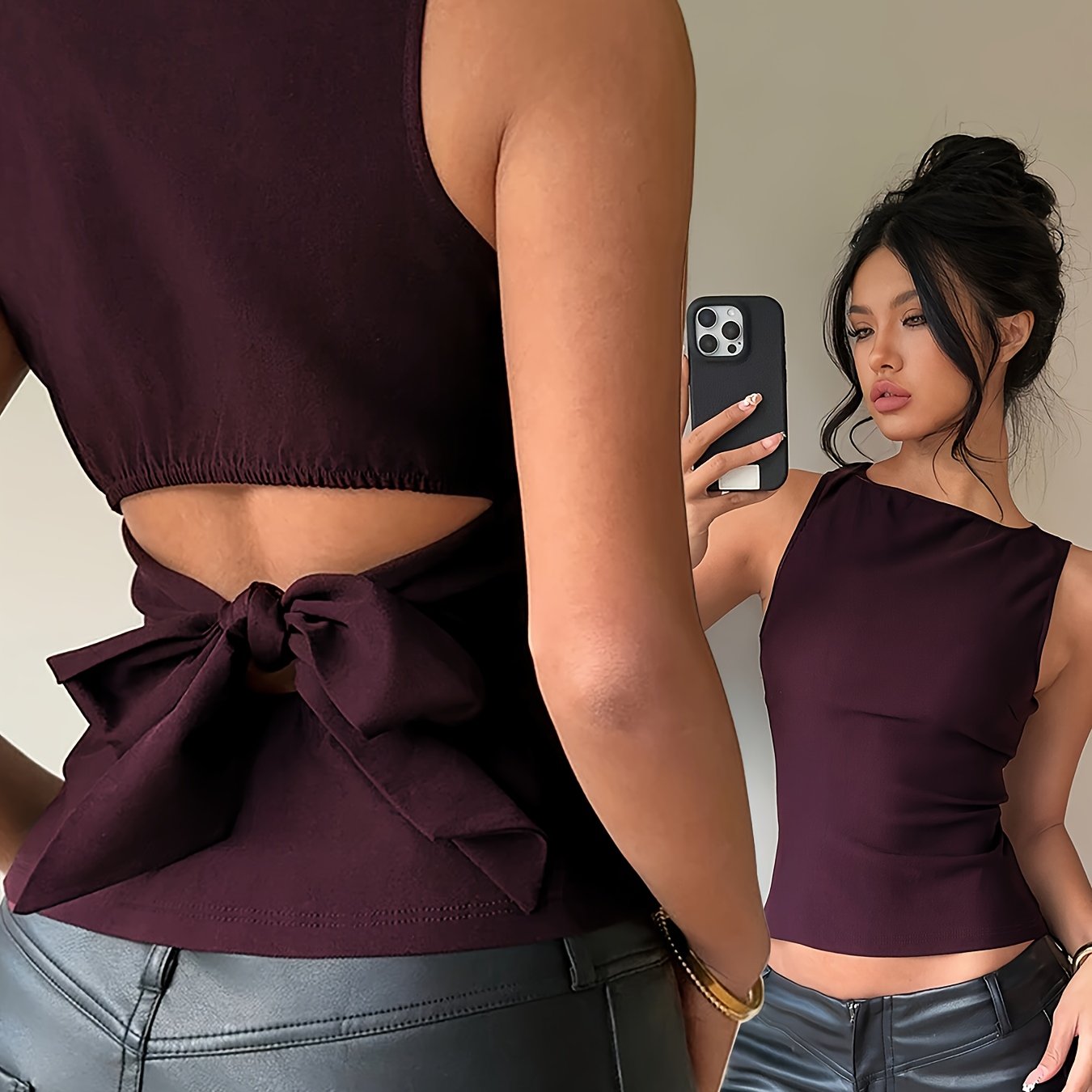 TEMU Elegant Special Summer Fashion Hollow-out Back-tie Solid Color Sexy Women's Tank Top
