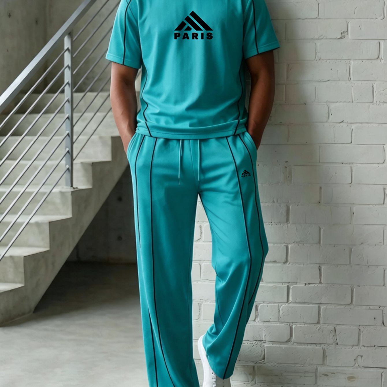 Image of Two-piece Set: Men's Business-casual And Athletic Style - Printed Short-sleeve Top With Matching Trousers - Multiple Colors