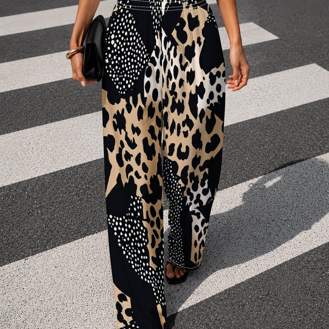 TEMU [printed Design- Not Textured] Women's Wide-leg Trousers, Elegant, Simple, And Sophisticated. Leopard And Polka , And, Refreshing And Stylish,