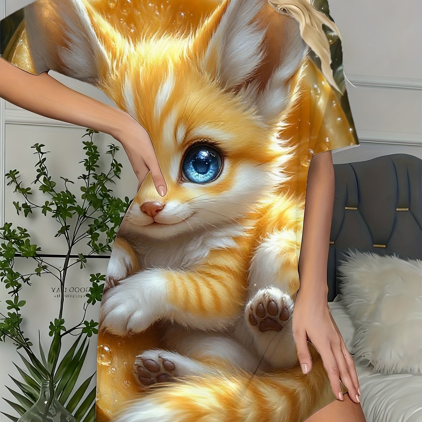 TEMU Plus-size Women's Nightgown Features An Adorable Cartoon Kitten Design, A Stylish And Trendy Short-sleeve Round-neck Option. An For Loungewear
