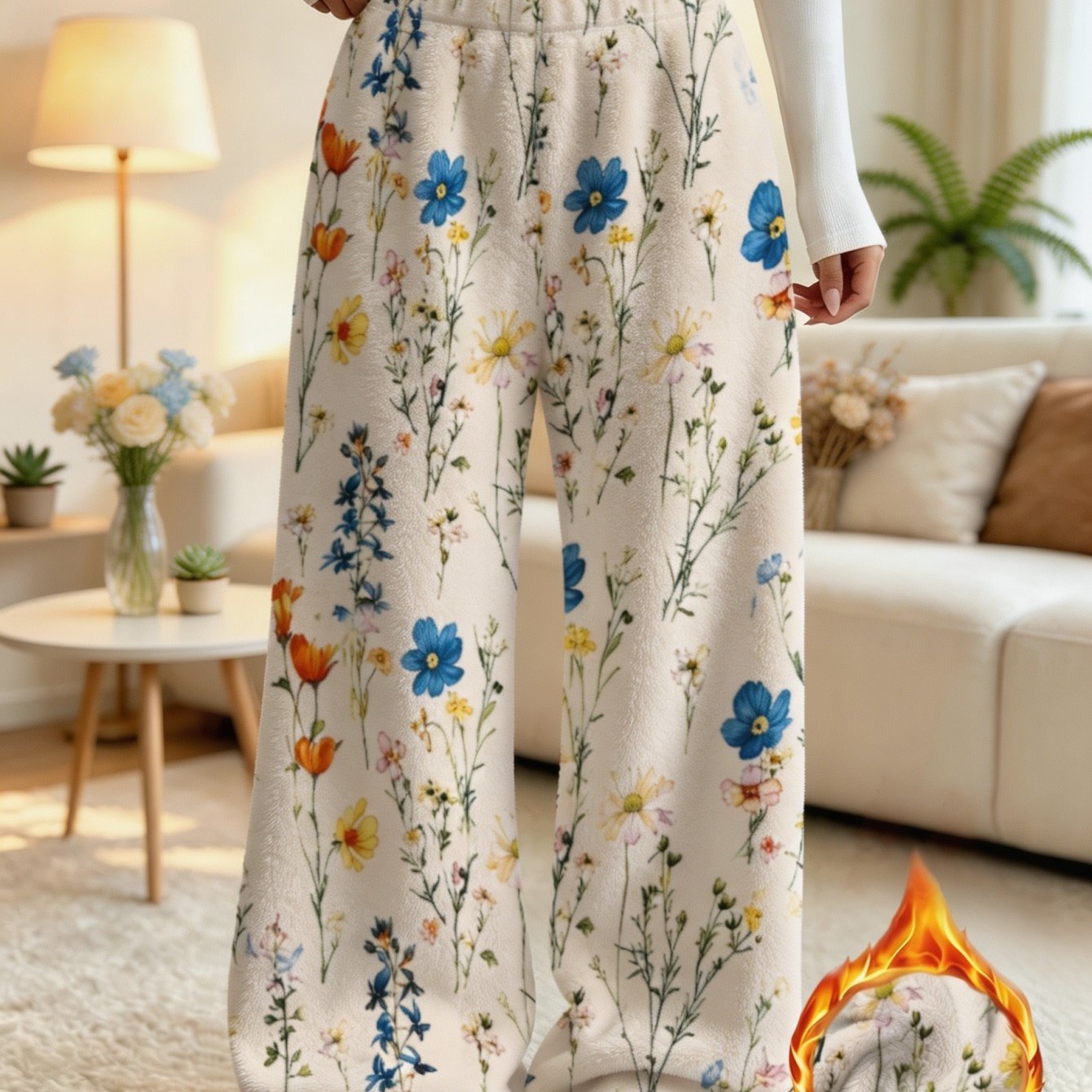TEMU Homewear Sleepwear Loungewear Single-piece Wide-leg Sleep Pants, Beige Base With Blue And Yellow Multicolor Mountain And Print, Women's