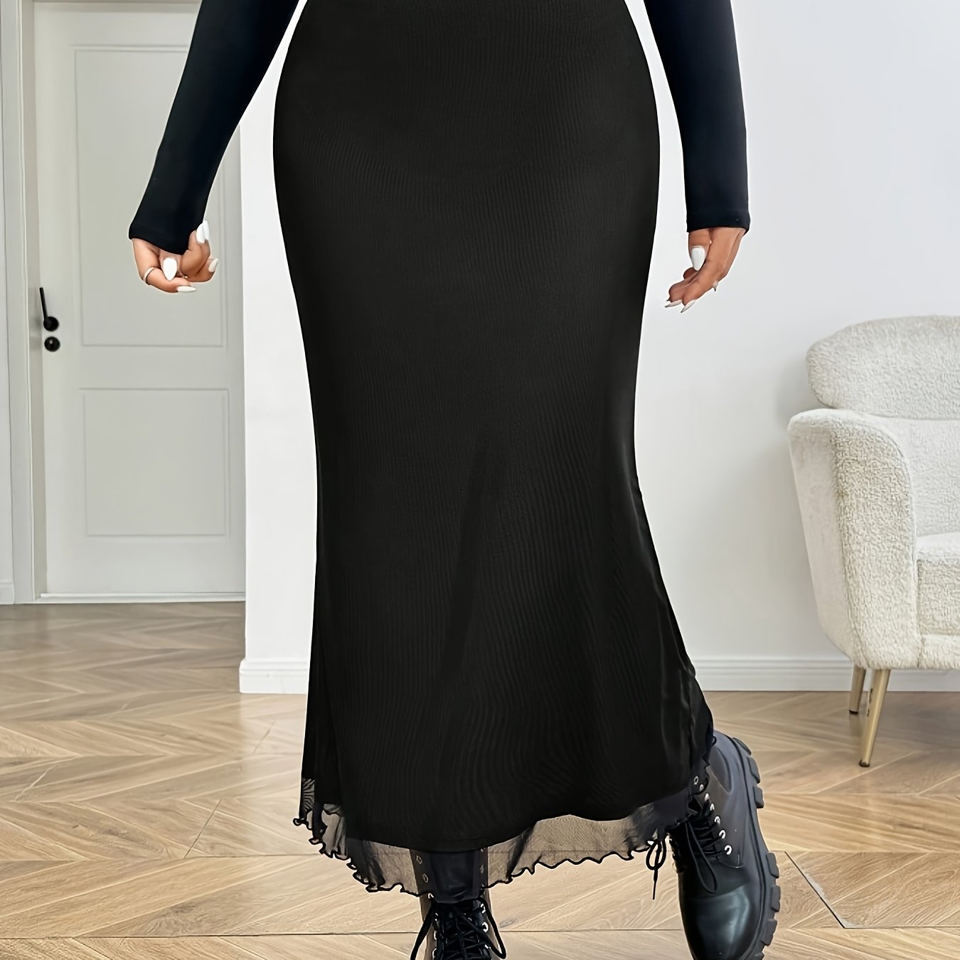 Plus Size Olive Green Floral Mesh Skirt | Elegant Fitted Style, Medium Stretch Fabric, Collarless, Suitable For Spring/summer/fall