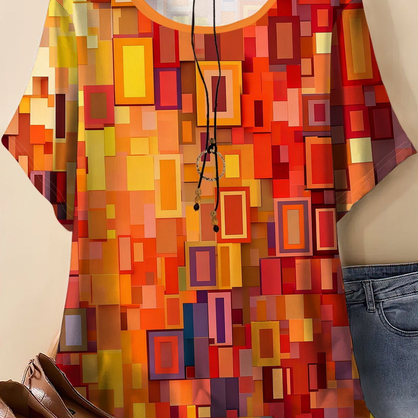 TEMU Plus Size, Warm Geometric Color Block Print Crew Neck Short Sleeve T-shirt For Women Loose Fit Klimt Style Retro Tee