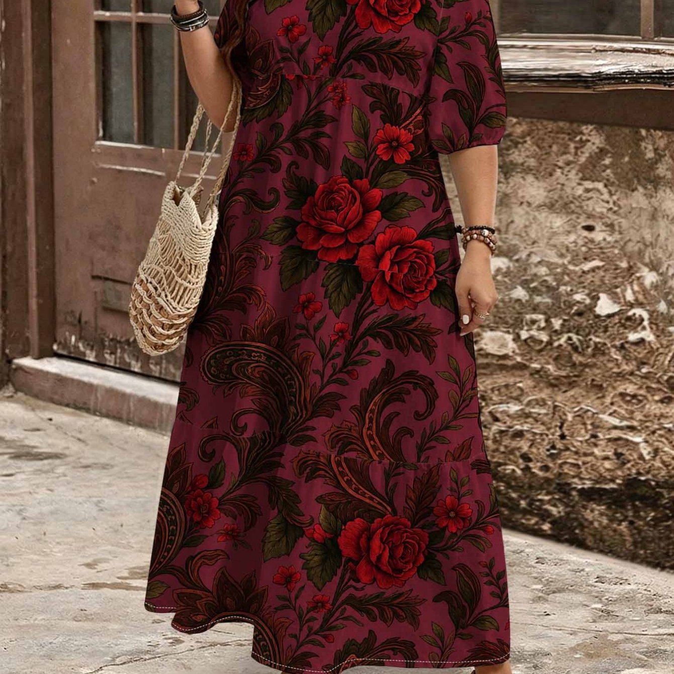 Image of Plus Size - Summer Plus Size Red Floral Paisley Printed V-neck Bubble Short-sleeved Maxi Dress For Women. Layered Cake . Vintage Elegant Retro Vacation Evening Resort Long Dress