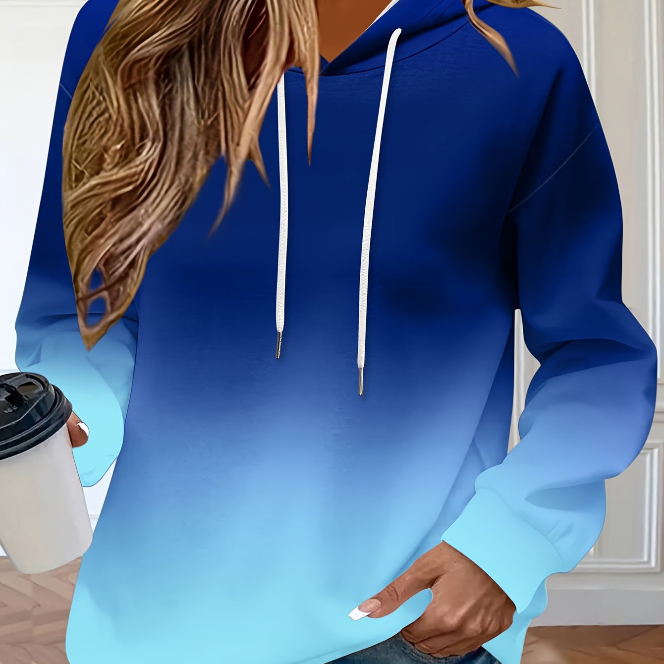 Image of Plus Size, Autumn/winter Women's Fashion Gradient Long Sleeve Sweatshirt, Crew Neck Drawstring Hooded Sweatshirt, Loose Fit Casual Sweatshirt, Plus Size Women's Top