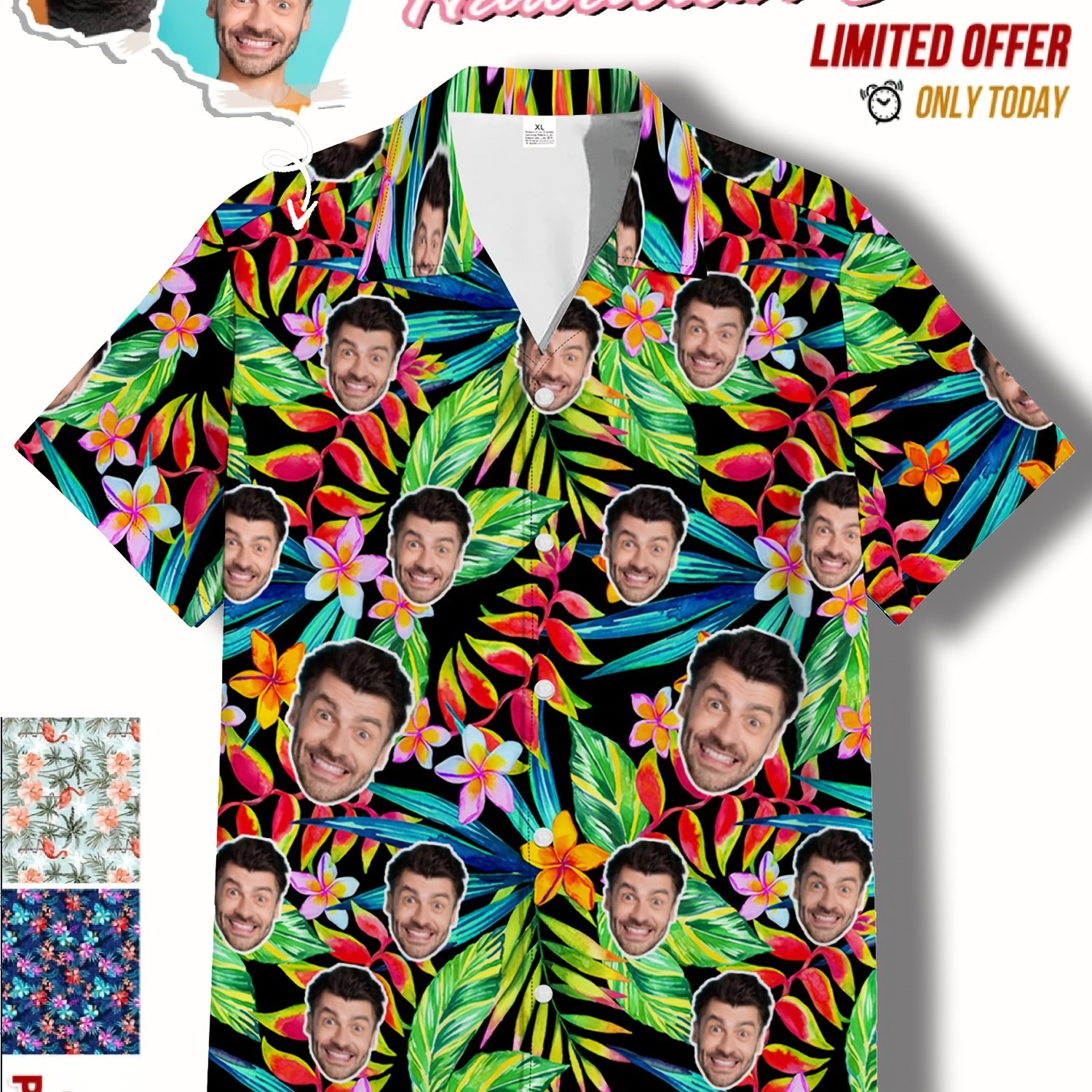 TEMU Custom Personalized Photo Hawaiian Shirt | Face Holiday Tropical Pattern, Casual Lapel Collar, Stretch Fabric, Summer Season, Button Details,