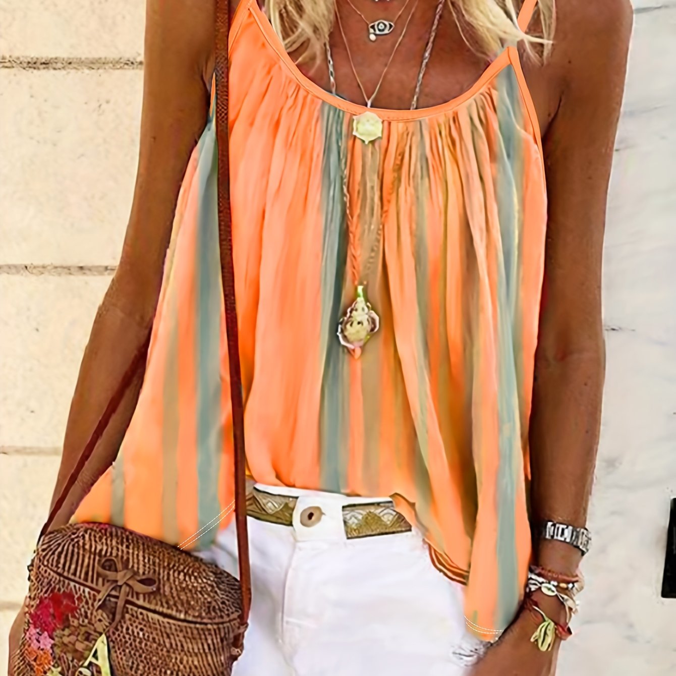 Summer Striped Contrast Print Cute Vacation Age-reducing Casual Beach Off-shoulder Camisole Tank Top