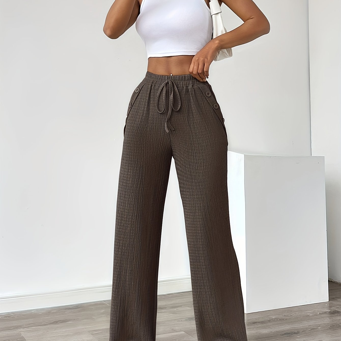 Women's Solid Color Pocket Button Casual Loose Long Pants