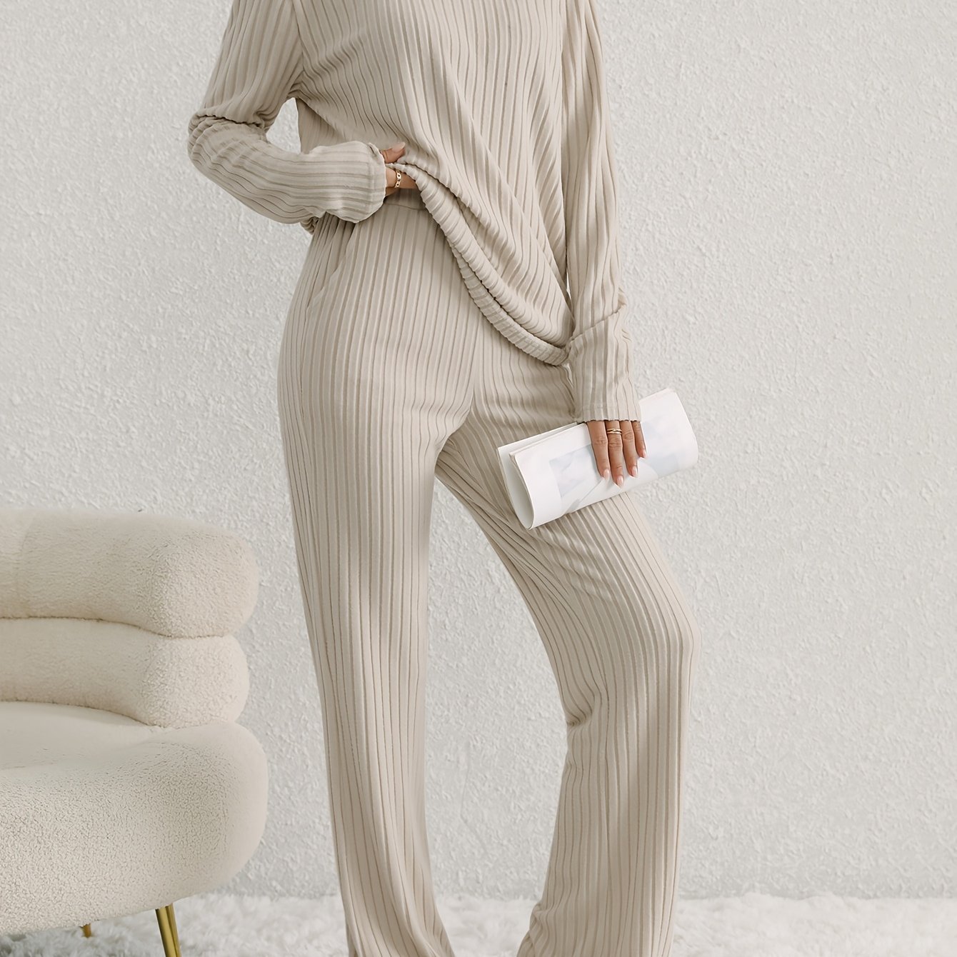 TEMU Casual Ribbed Knit Two-piece Set, Long Sleeve V Neck Top & Loose Pants Outfits, Women's Clothing