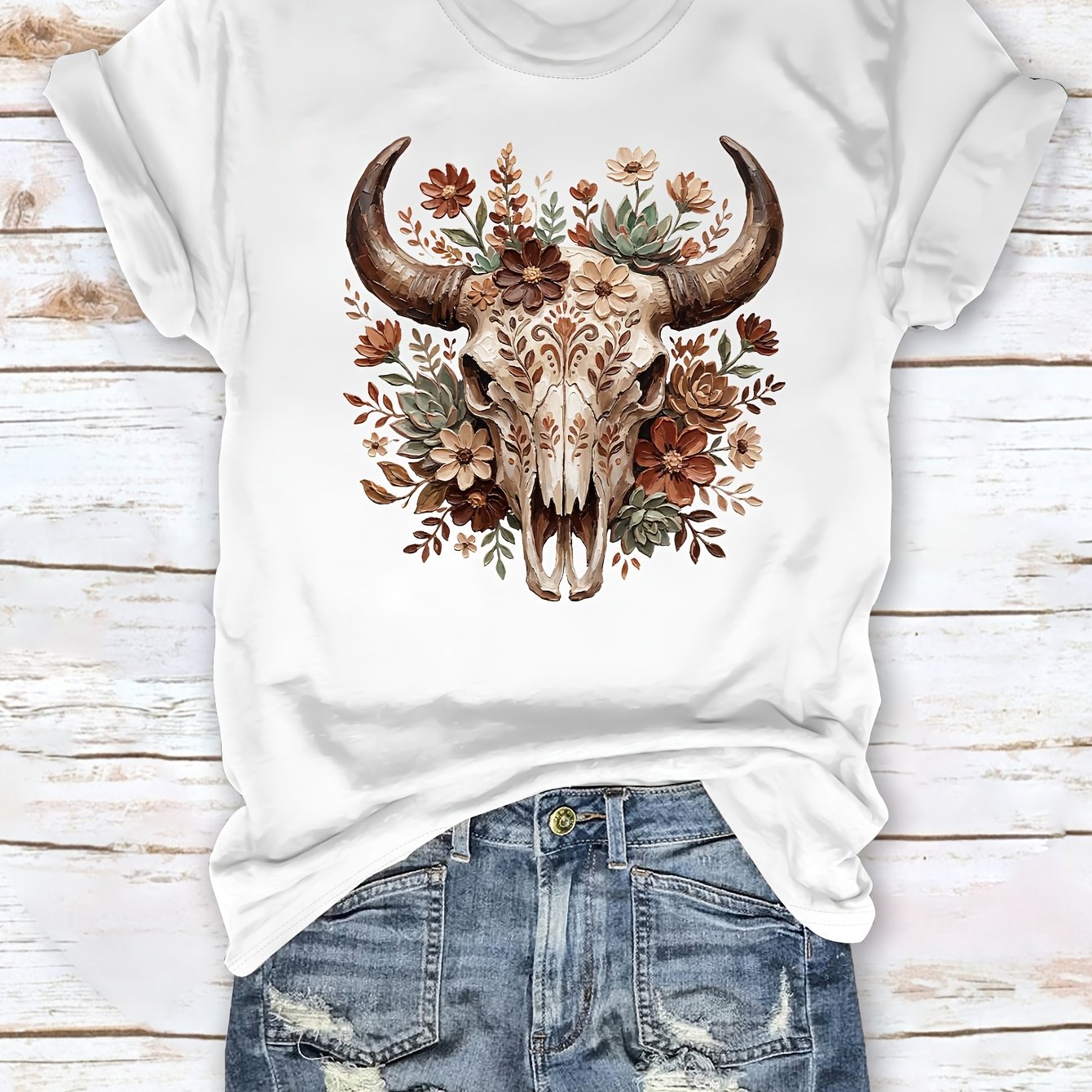 TEMU Skull Shirt, Floral Bull Skull T-shirt, Western Cowboy Shirt, Western Pattern T-shirt, Cowgirl Shirt, Southwestern Style T-shirt, Country Style