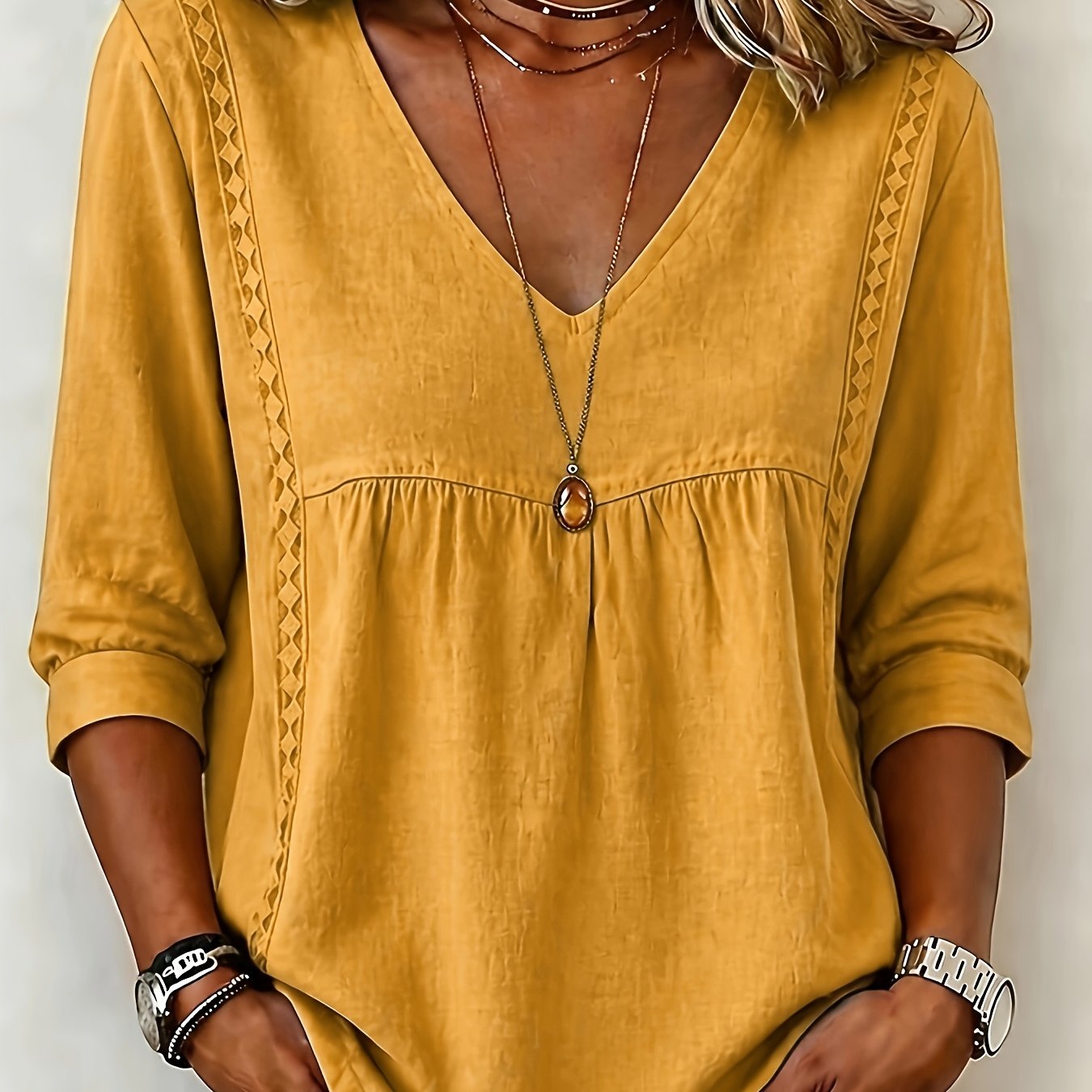 TEMU Solid Color V-neck Lace 3/4 Sleeve Blouse Women's Casual Pleated Loose Pullover Top Kydx