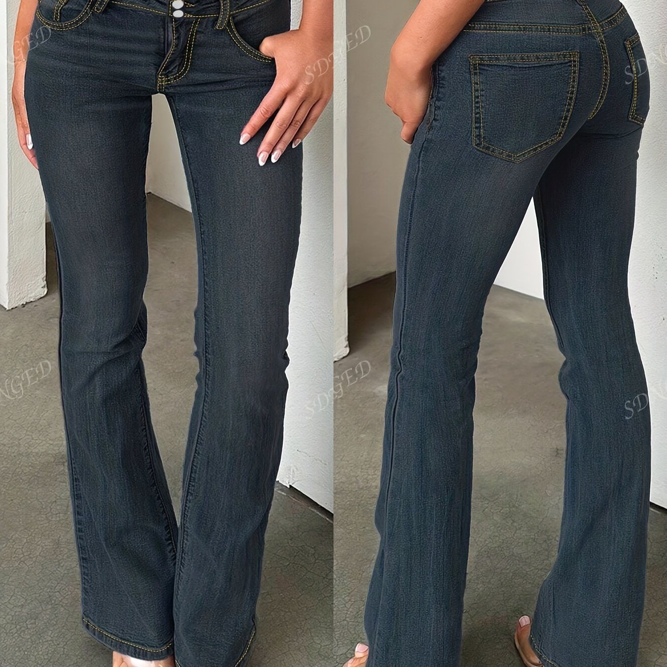 Image of Women's Elegant Bell-bottom Pants Trendy Fashion Comfortable Stretch Jeans Washed Craft Denim Trousers
