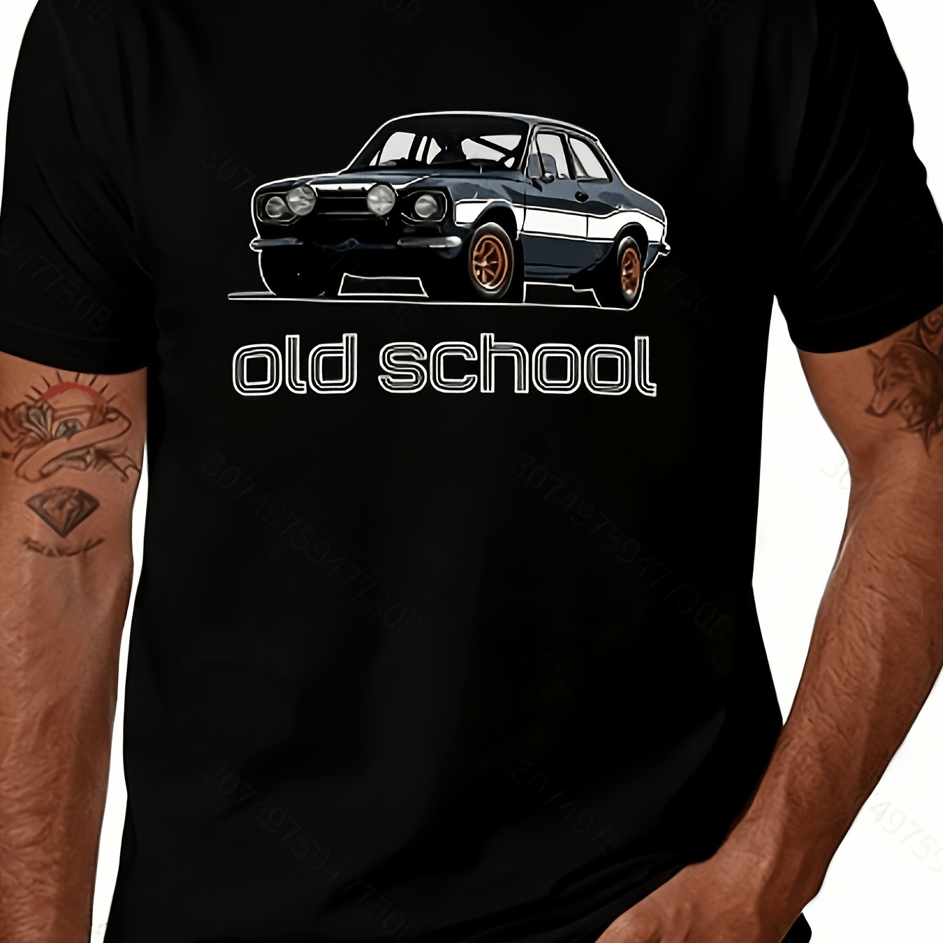 TEMU Men's Retro Escort Mk1 Commemorative T-shirt - Blue Checkered Print, Nostalgic Logo Design, 70s-80s Inspired Car Theme Apparel, Loose Round Neck