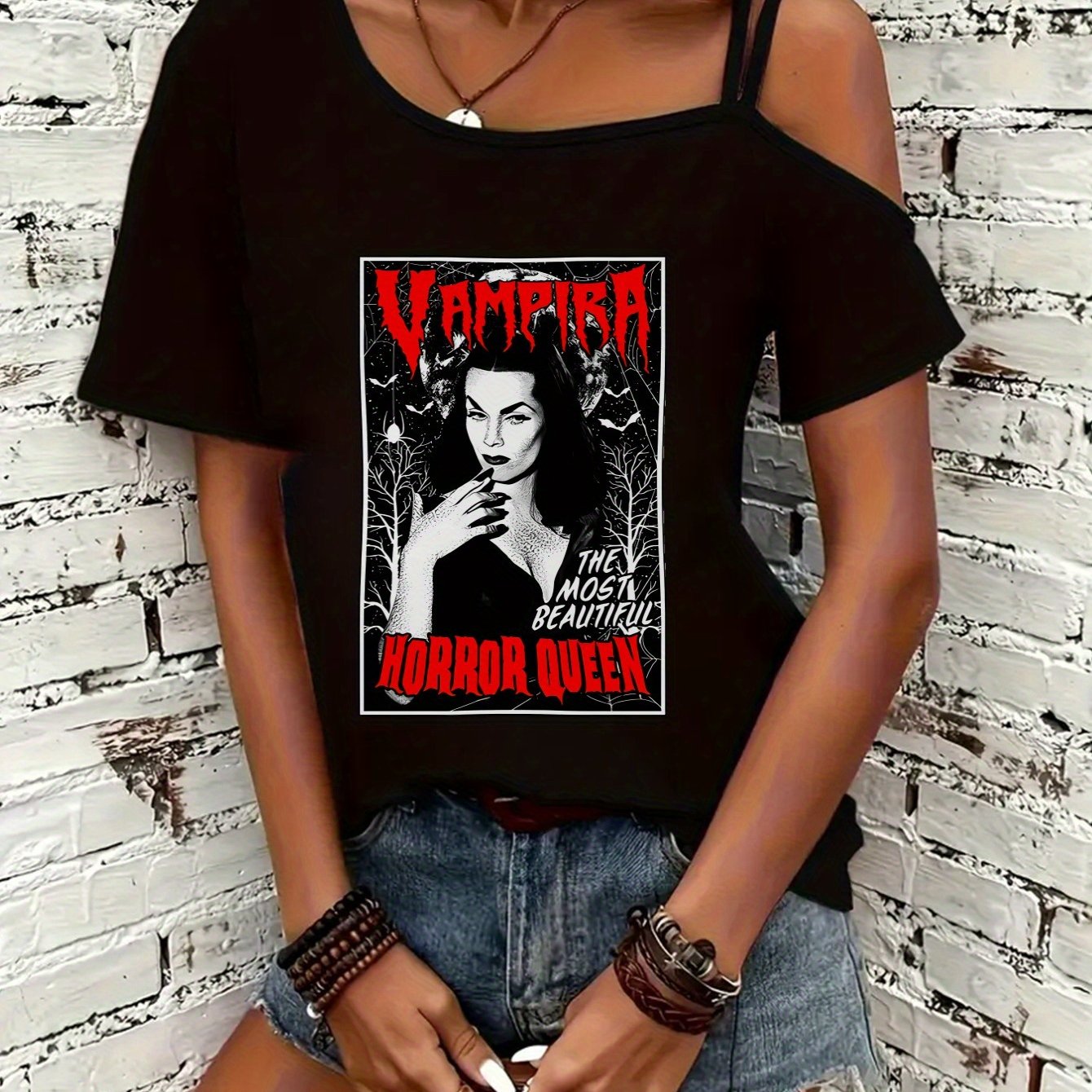 TEMU Women's Off-shoulder Graphic T-shirt - "vampire Queen" Design, Casual Short Sleeve Top With Black Background, , Vampire Clothing