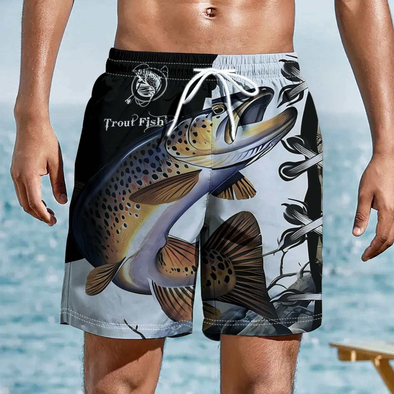 TEMU Short de Plage Homme - Motif Imprimé Numérique Plat - Texture - Un Artwork Vibrant sur le Thème de la Pêche, Maillot de Bain d'Été avec Ceinture