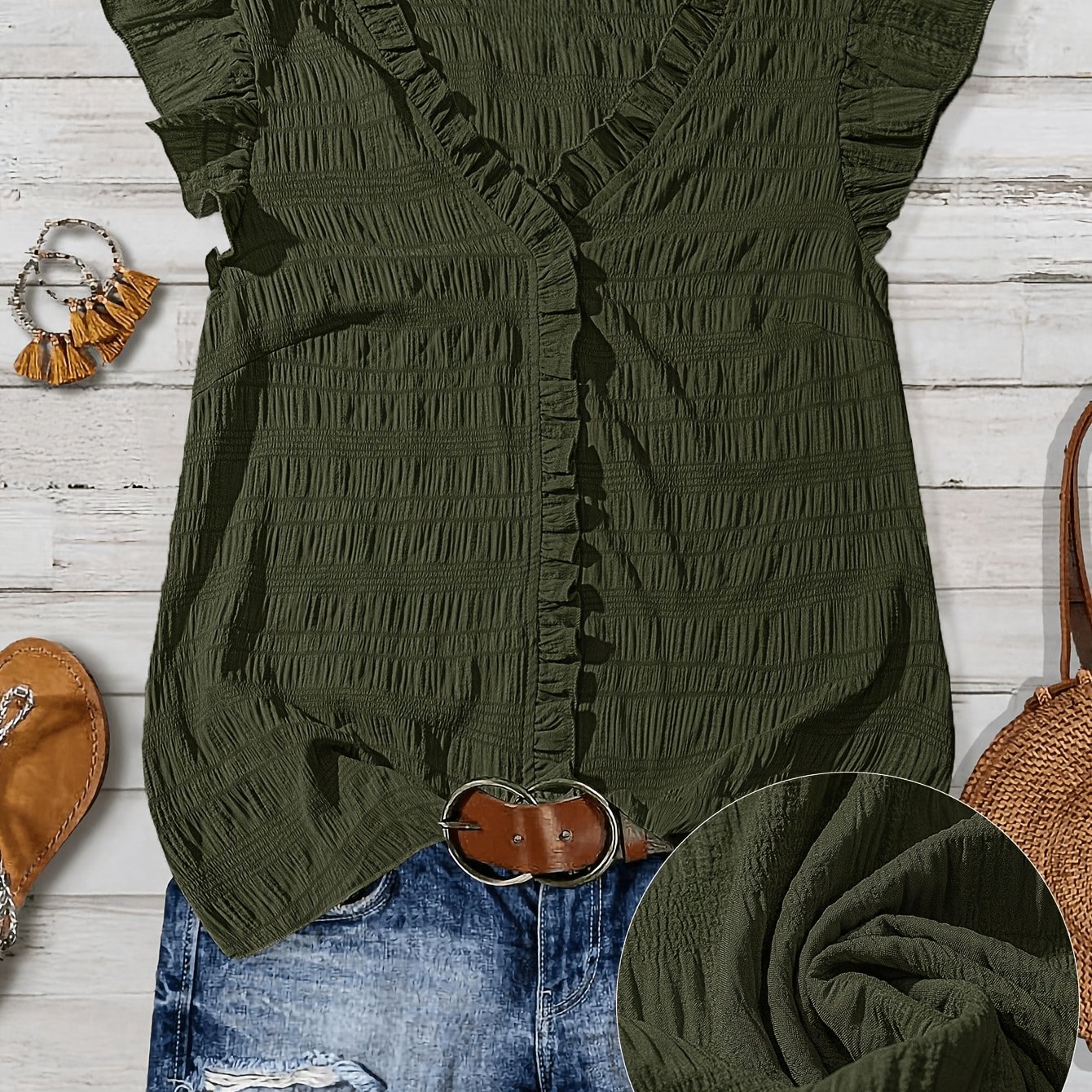 TEMU -neck Ruffle Short-sleeve Shirt, Loose With Lace Trim