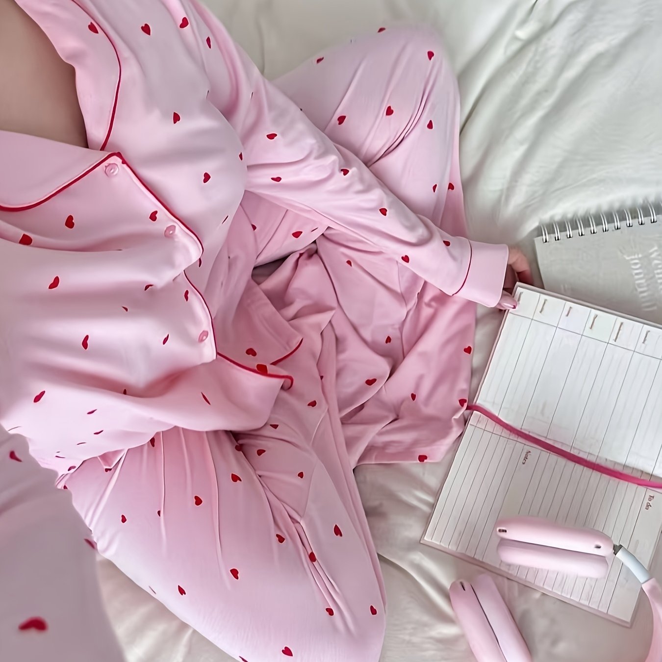 Women's Pajama Set, Modal Comfortable And , Heart Print Long Sleeve And Pants Set