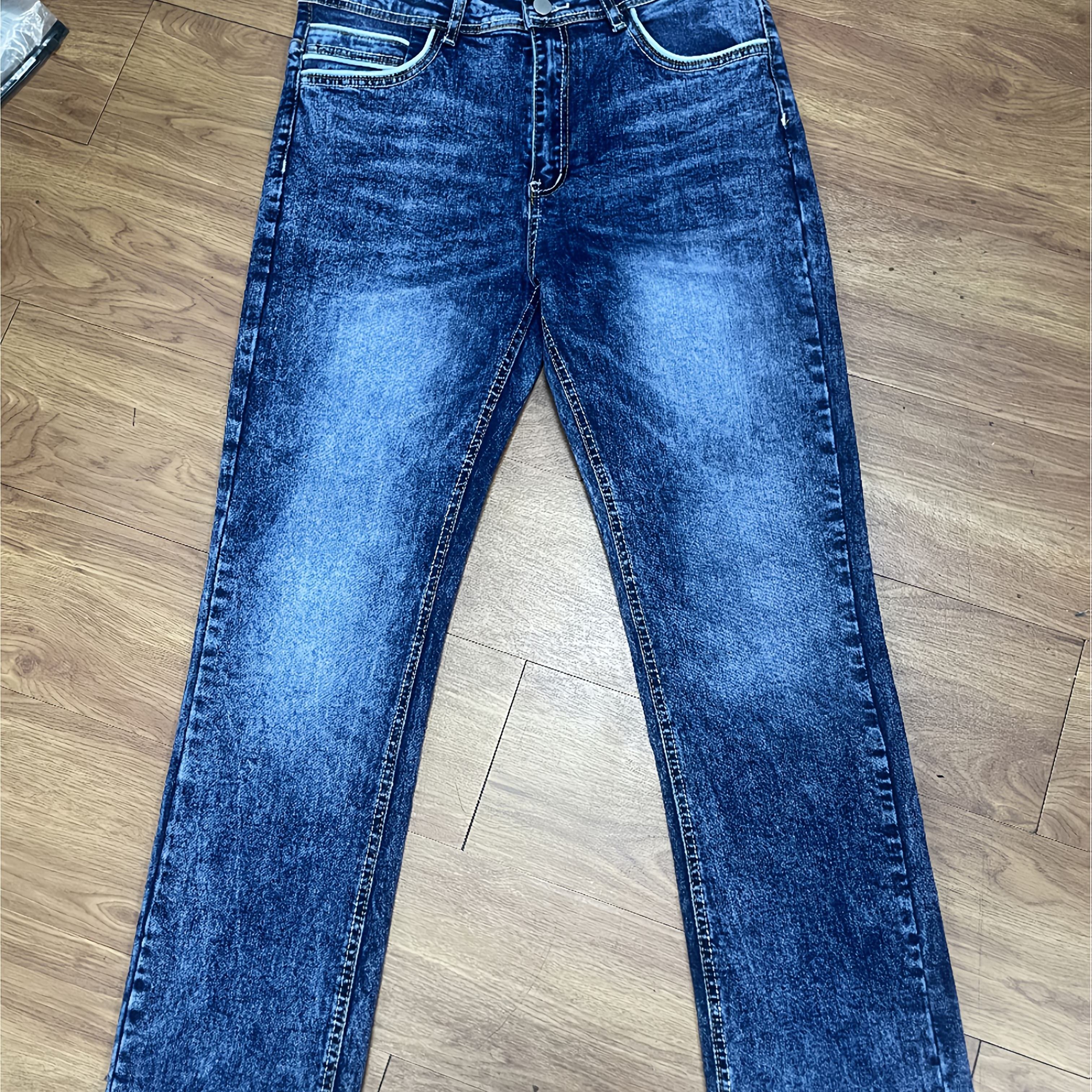 Image of Men's Vintage Stretch Denim Pants With Snowflake Detailing - Mid-stretch Regular Fit Jeans For Casual Streetwear, Jeans, Streetwear Essentials, Medium Elasticity