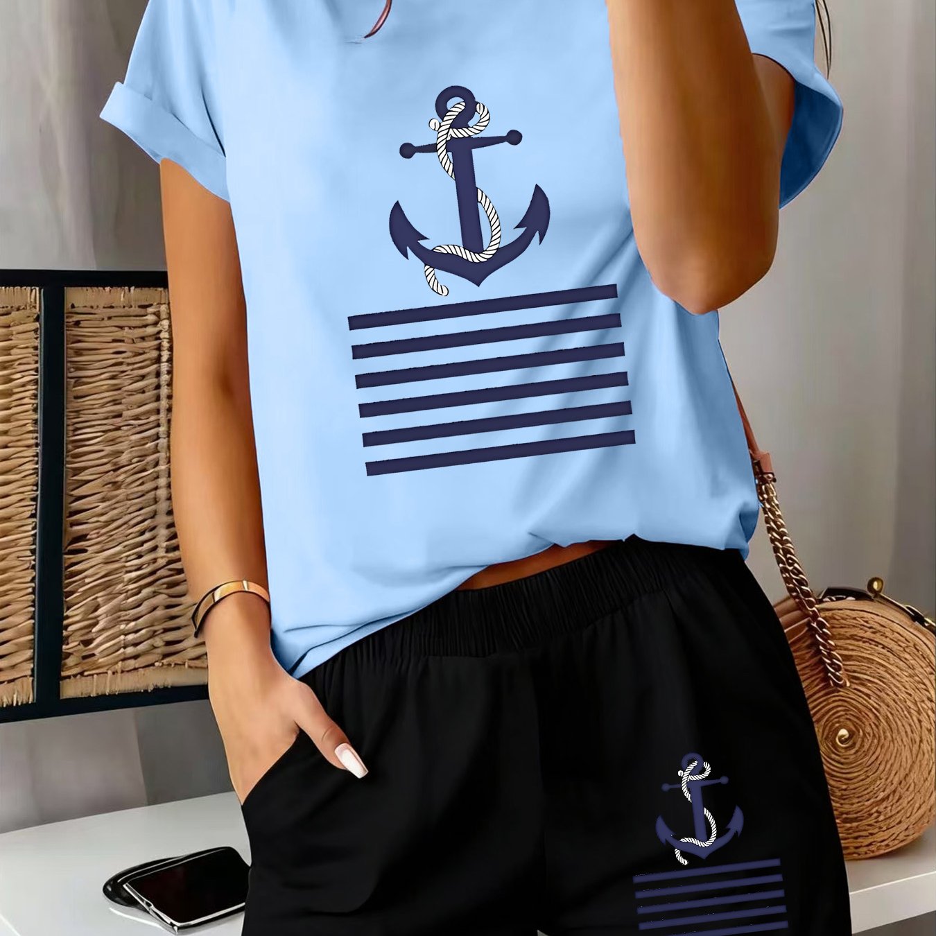 TEMU 2 pièces Ensemble Femme Manches Courtes Printemps - Haut à Rayures Bleu Marine et Short, Tenue Sportive Confortable, Douce et Respirante pour ,