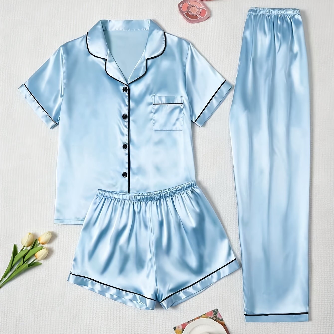 TEMU Solid Color Cardigan Women's Pajama 3pcs Set, Featuring A Short-sleeve Button- Top With Shorts And Long Pants, Allowing For Easy Switching