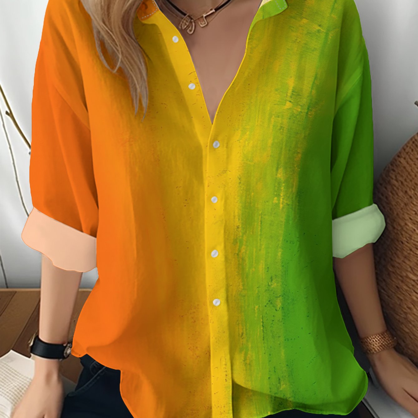 TEMU New Women's Long Sleeve Shirt, This Image Features A Gradient Of Orange, Yellow, And Green, With Transitions, Pattern, Versatile Casual Top For