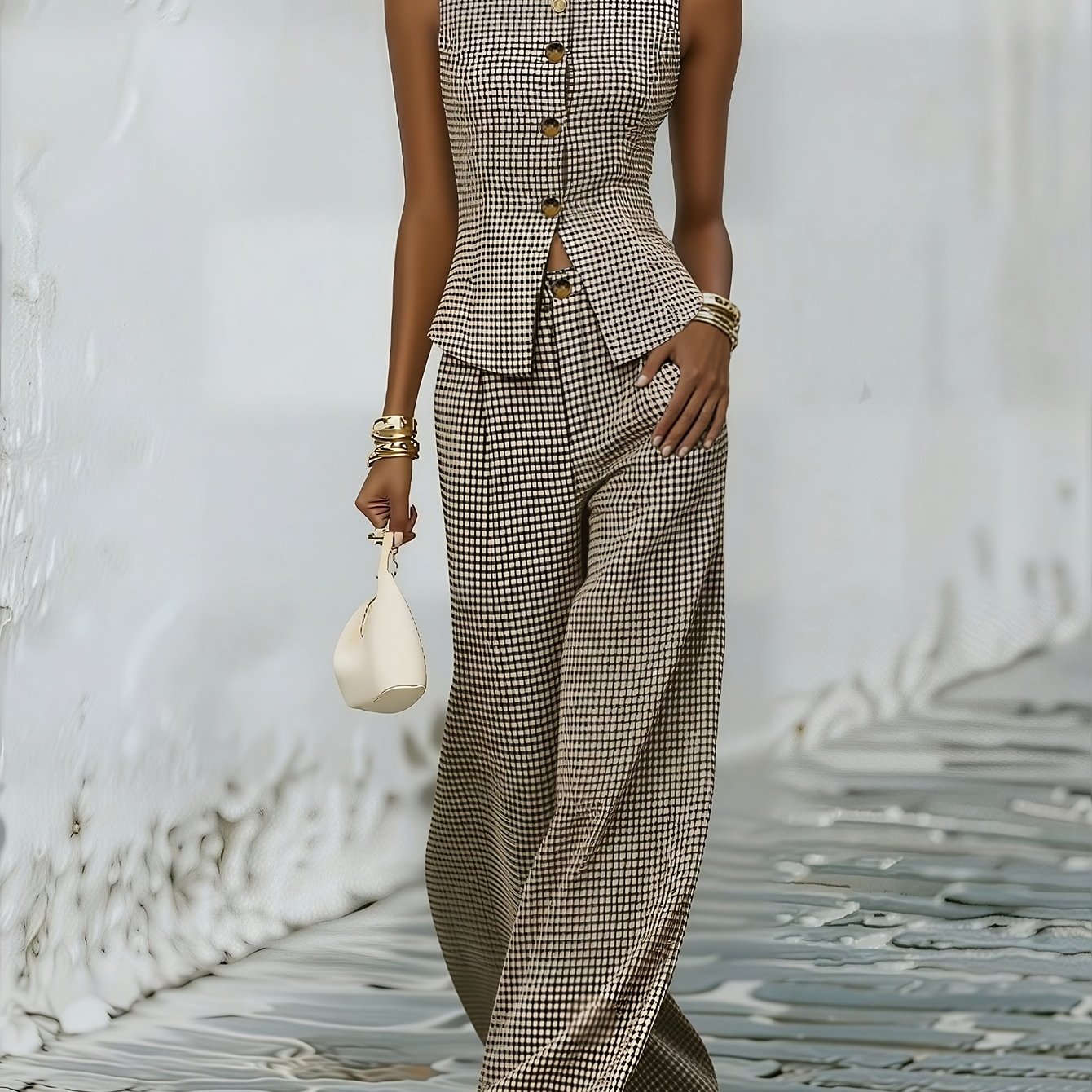 TEMU Conjunto de pantalones de traje a cuadros clásicos, estilo de moda 2026 - Diseño de cintura , detalles de botones, conjunto de dos piezas para