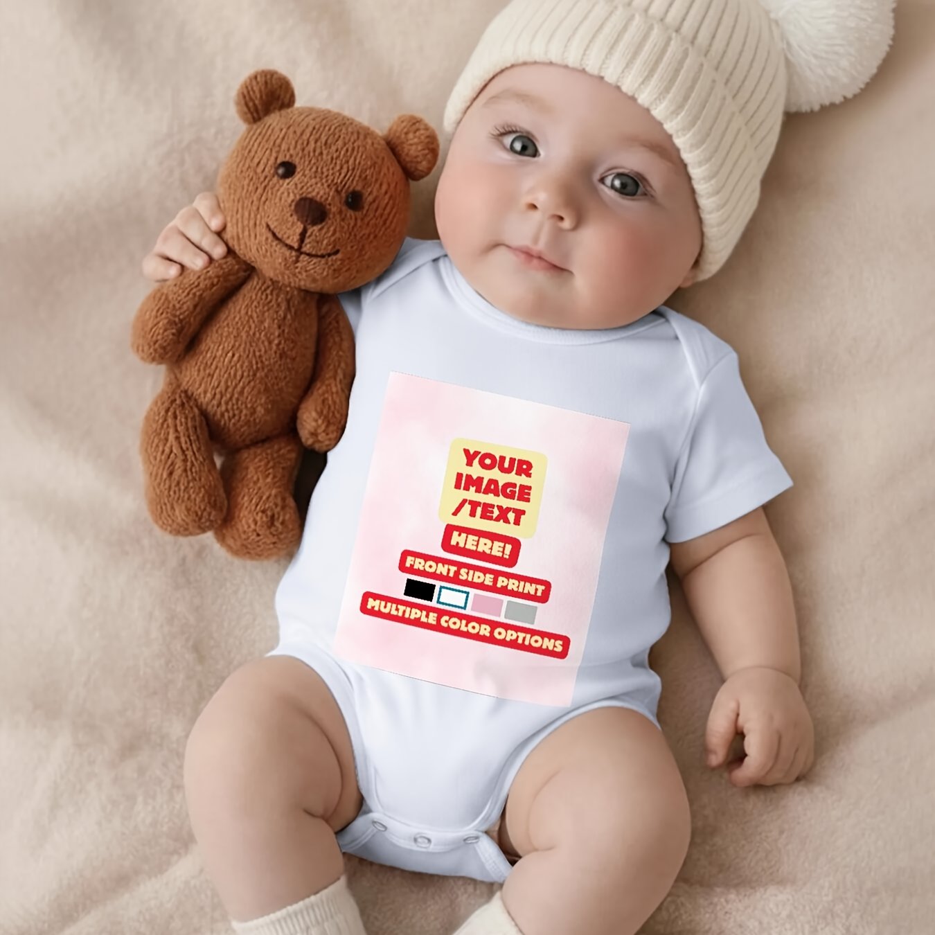 Image of Custom Baby Short Sleeve Onesie Bodysuit Personalized Print Babies' Pure Sleeveless Bodysuits Unisex Boy Girl - Add Your Image - Neck Soft Comfortable, For Outdoor