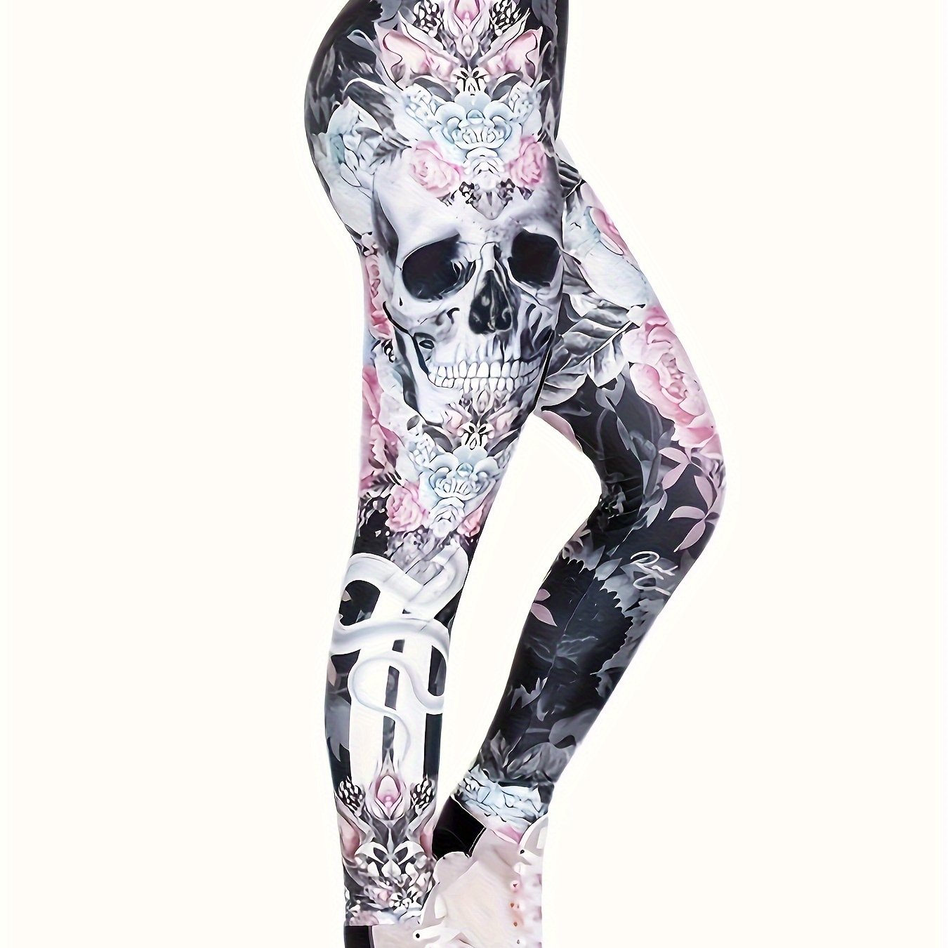 Image of Skull Graphic Halloween Sports Yoga Leggings, Seamless Soft High Waist Running Floral Print Tight Pants, Women's Activewear