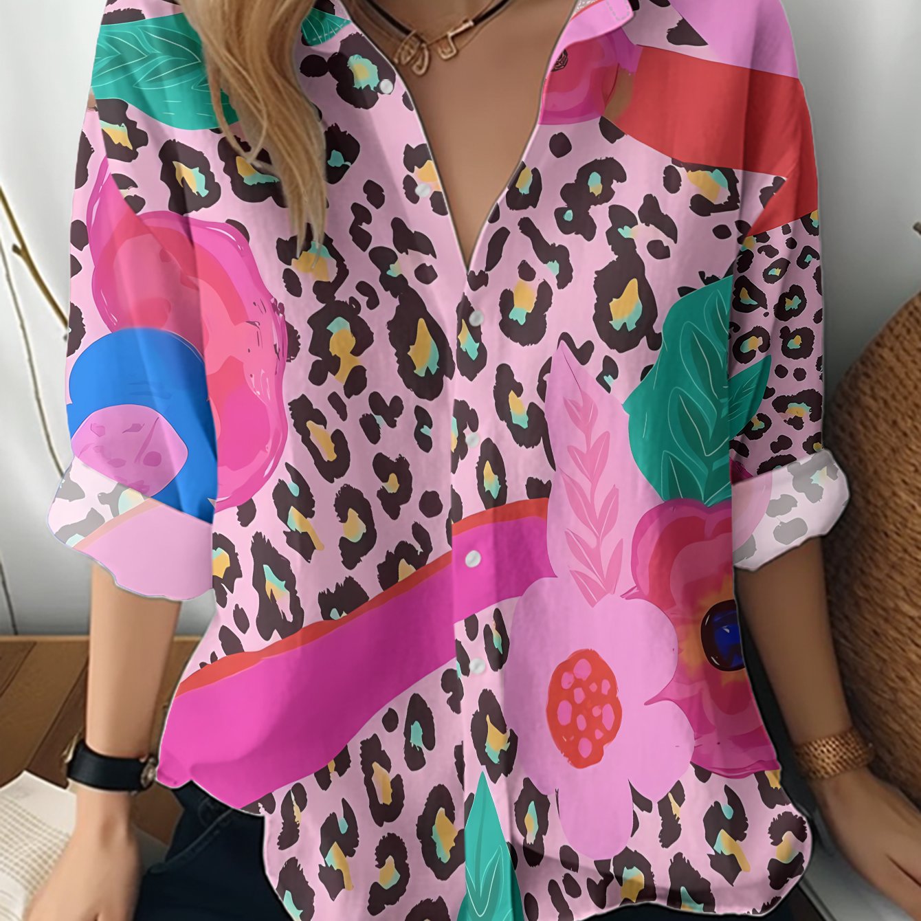 TEMU This New Women's Long-sleeve Shirt Features A Pink Leopard Print Base, With A Fuchsia Ribbon, Colorful Flowers, And Green Leaf Patterns. It's A