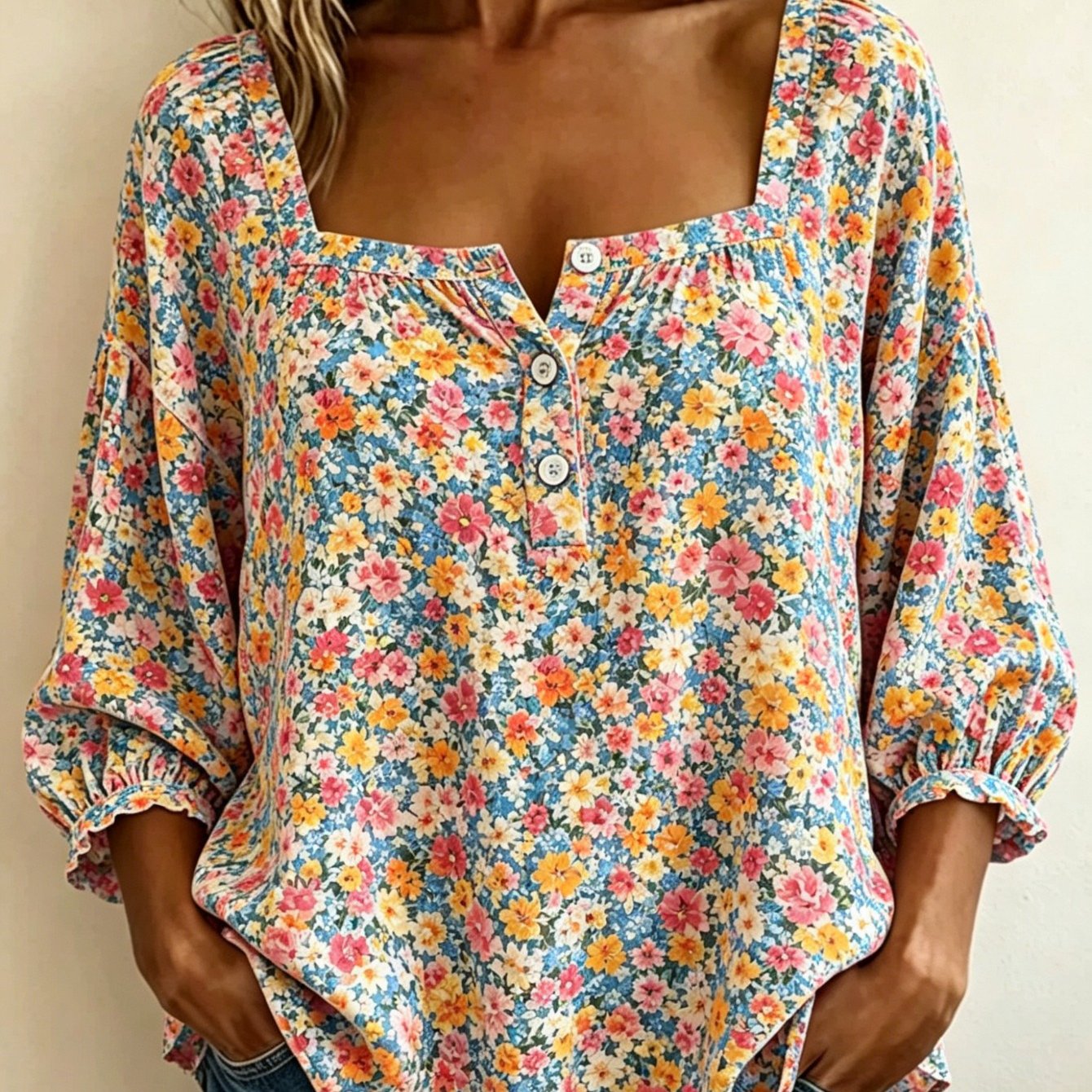 Plus Size - Women' Neck Button Front Blouse 3/4 Puff Sleeve Colorful Ditsy Floral Loose Fit Tunic Tops For Work Office Daily Wear