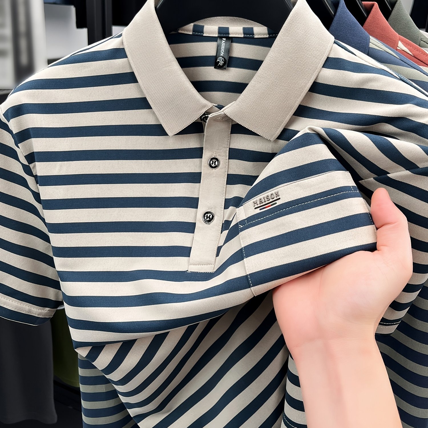 Image of [sa Xing Obm] /summer Men's Shirt, Striped Color Block Half Lapel Short Sleeve T-shirt Men's Business Casual Fashion Breathable Versatile Knitted Shirt Pullover Base Shirt Top, With On