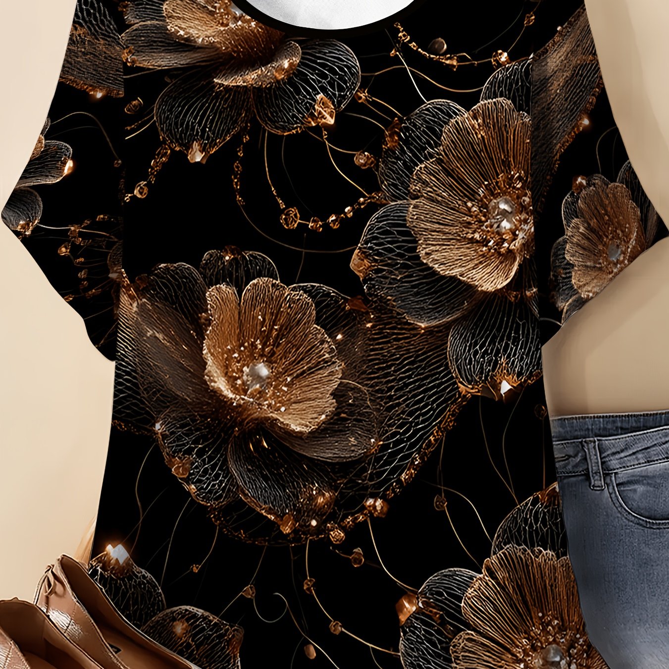 TEMU With Gilded Three-dimensional Floral Print Short-sleeve Loose--size Round-neck T-shirt, Light Luxury Elegant Style For Plus-size Women, A Casual