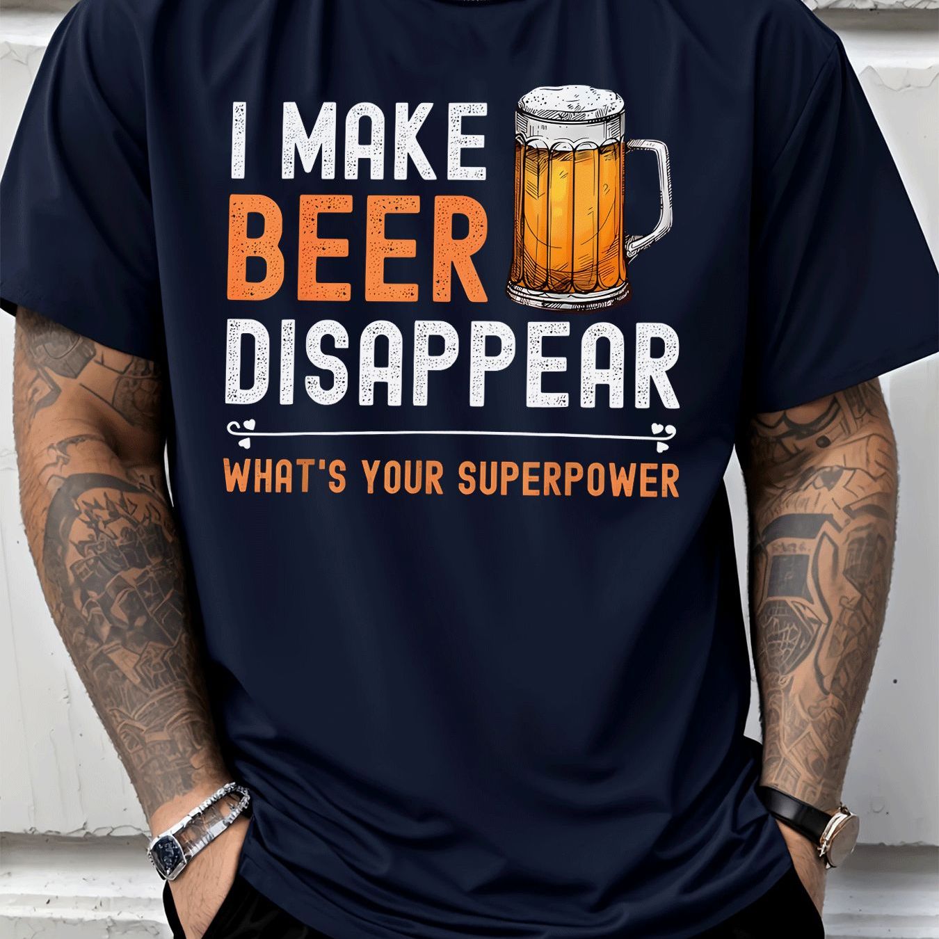 TEMU T-shirt décontracté pour homme avec motif de gobelet à bière | Je disparaître la bière, quel est votre super-pouvoir ? Slogan amusant | Vêtement
