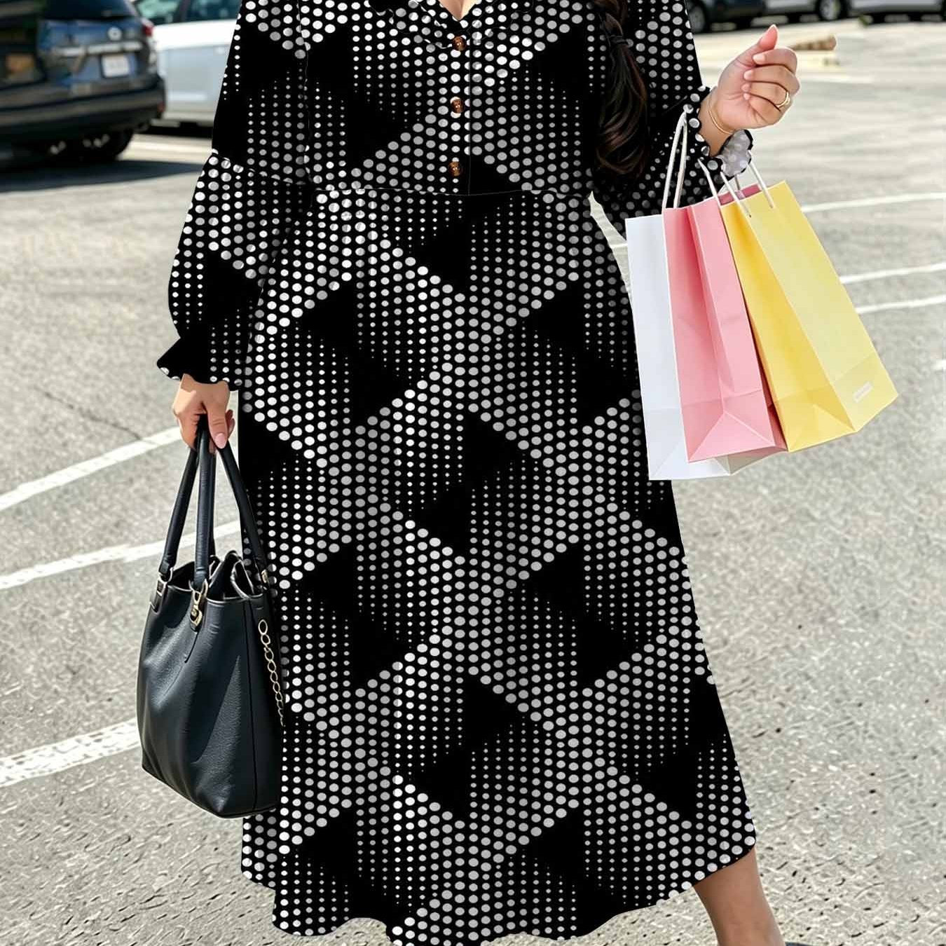 Image of Plus Size - Black Geometric Dot Print Plus Size Women's V-neck Long Sleeve Dress, Summer Modern Minimalist Casual Pleated Trim Elastic Waist, Button Front Flowy Party Dress