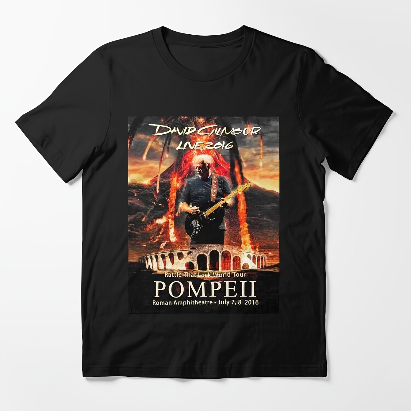 Image of Men's Short Sleeve Black Round Neck T-shirt, Live 2016 Volcano Amphitheater Guitarist Poster