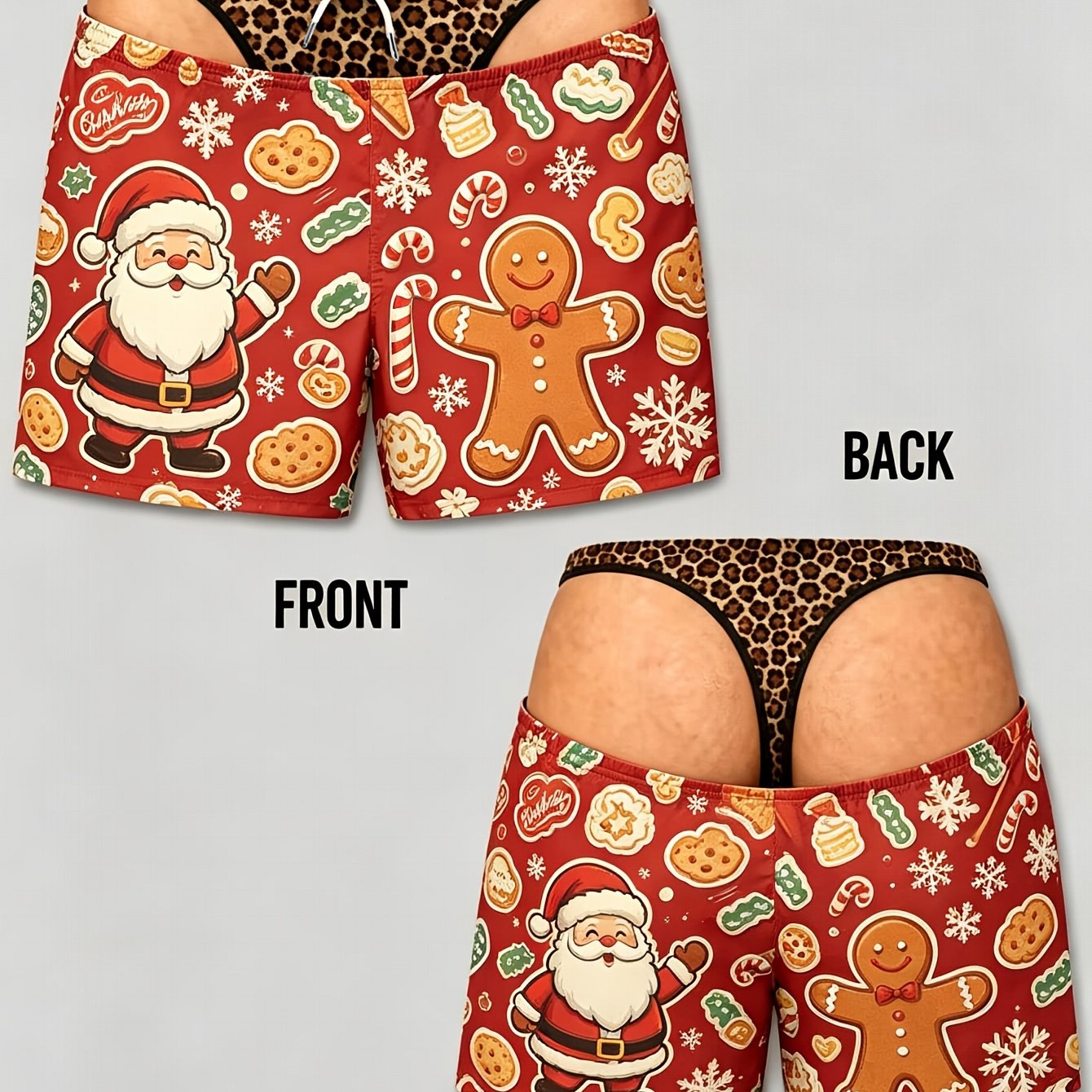 TEMU [print Design - Non-textured] 2026 Shorts, Non-real Texture , Summer Men's Beach Shorts With Gingerbread Man And Santa Claus Print, Casual Beach