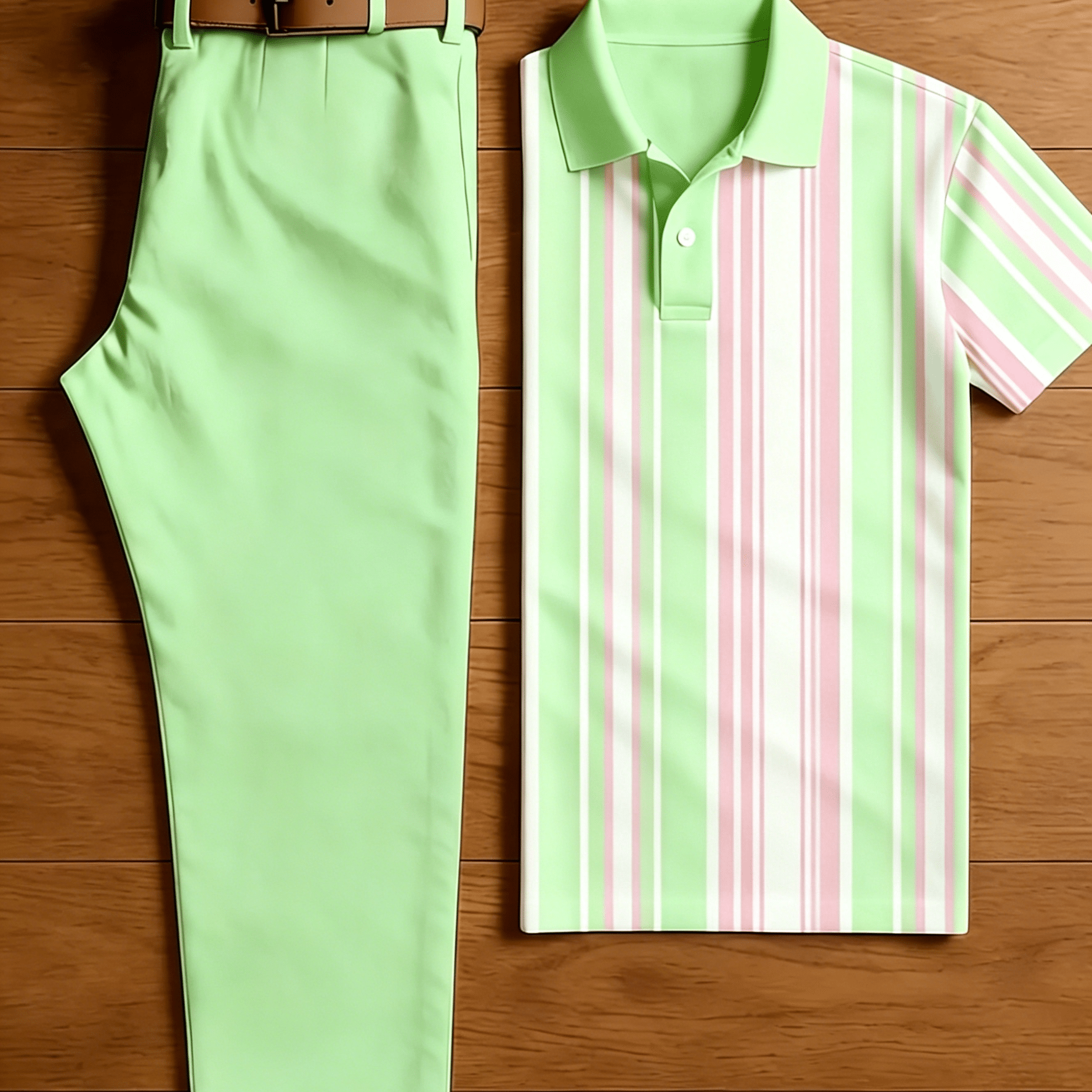 Men's 2pcs Casual Outfit Set, Front Vertical Pink White Green Multi-width Stripe Short Sleeve Shirt And Solid Fresh Light Green Straight Leg Chino Pants, Summer Beach Golf Daily Matching Suit