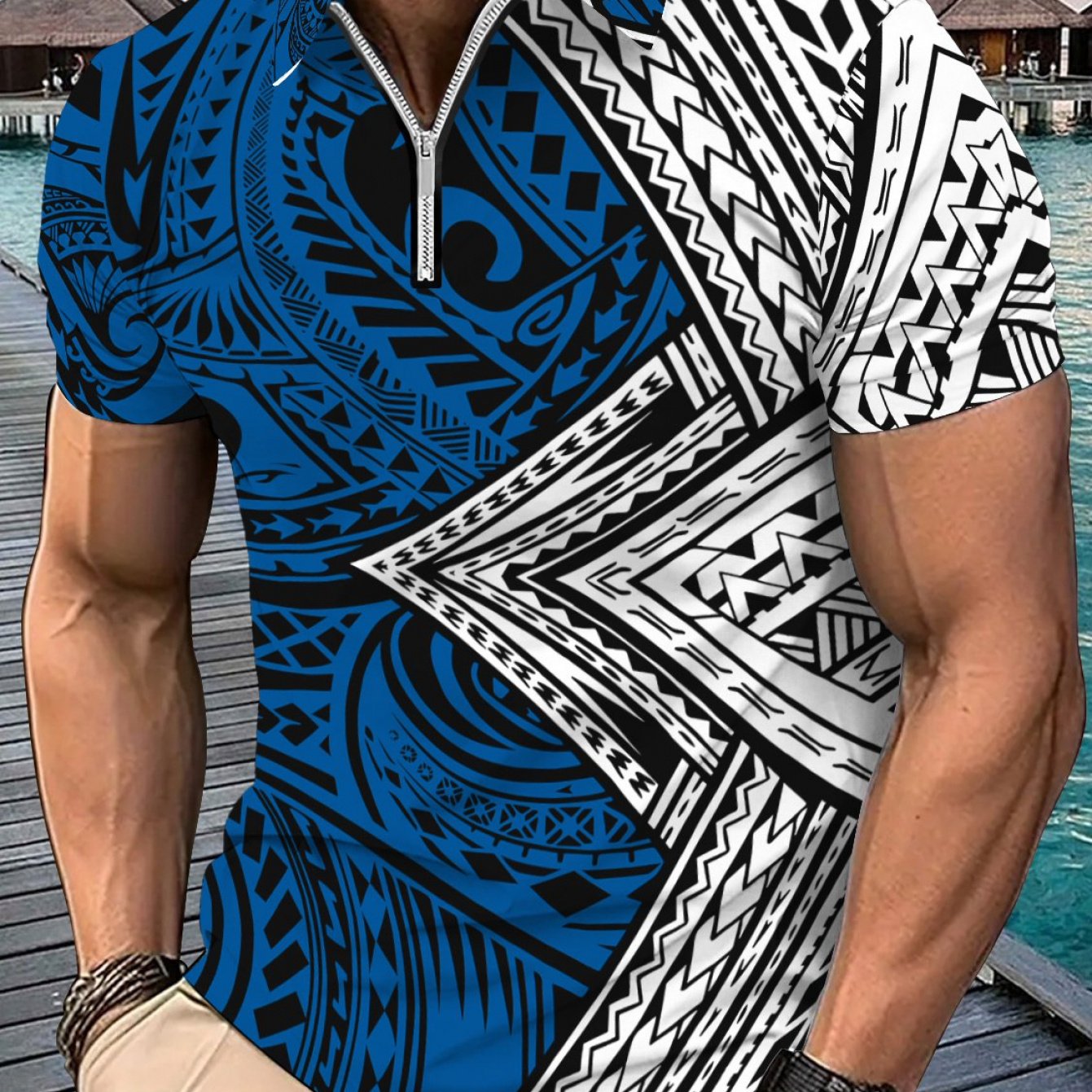 TEMU Men's Casual Shirt, Featuring A Unique New Zealand-style Geometric Pattern, Short Sleeves, And Zipper Details