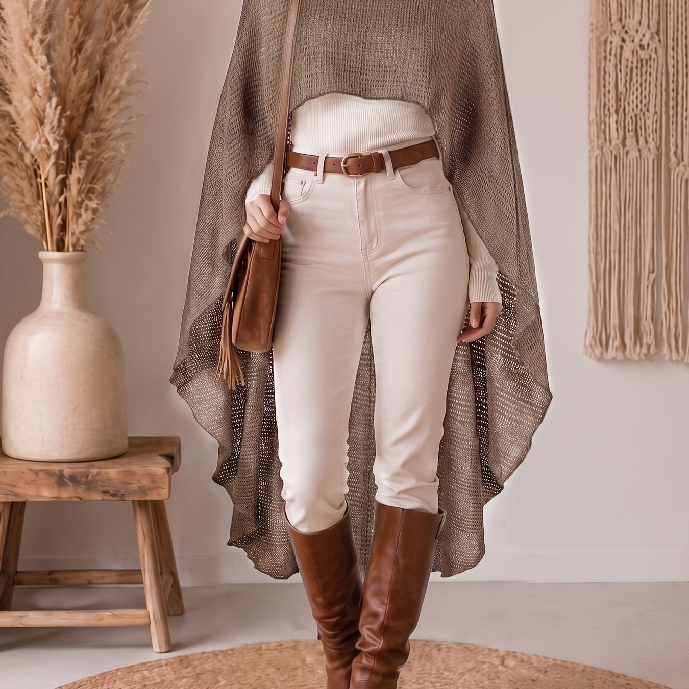 TEMU 2026 Early Autumn New Hollow-out Turtleneck Cape Shawl Women's Short Front Long Back Irregular Hollow-out Breathable Outerwear, One-piece Puffy