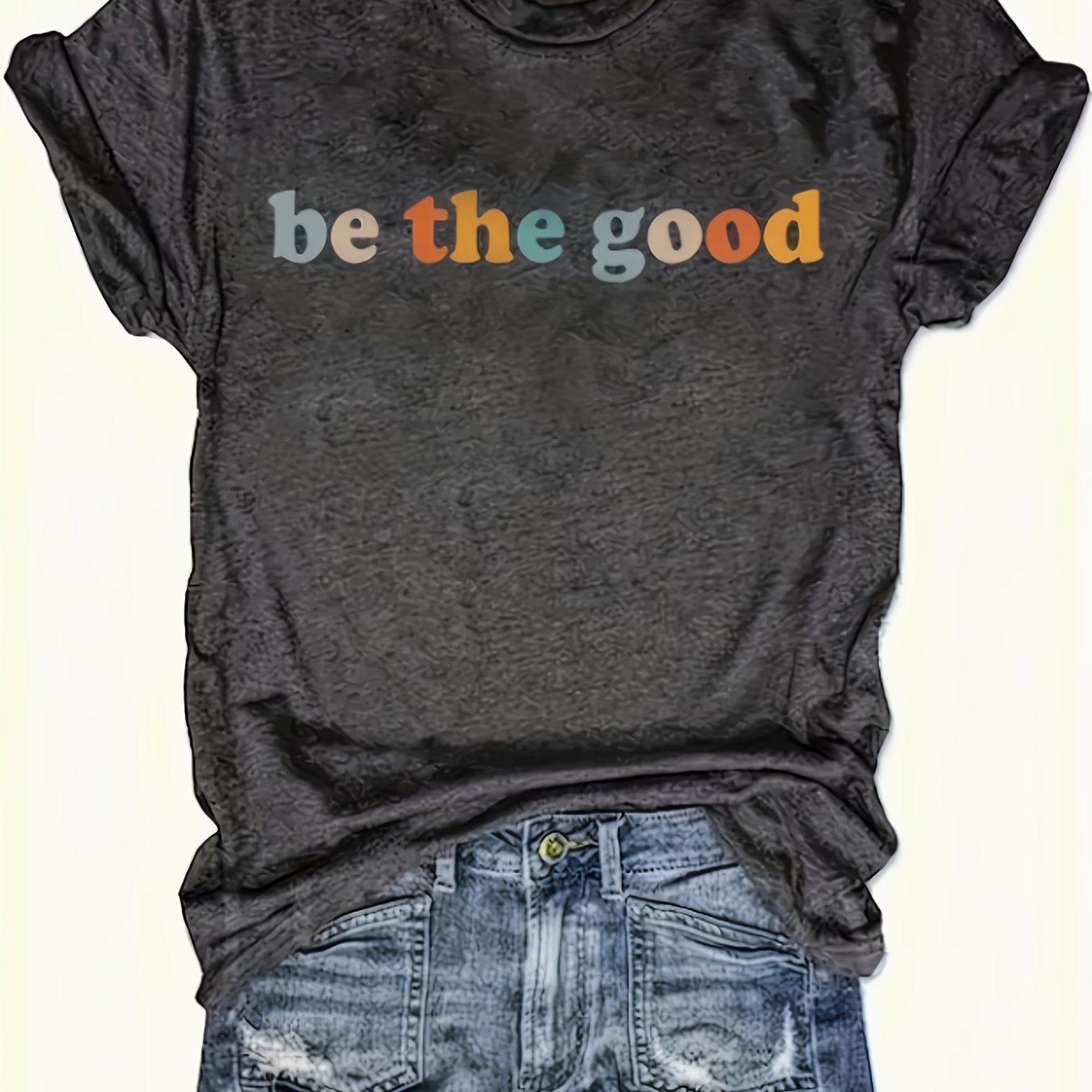 TEMU Women's Good Minimalist T-shirt - Breathable Short Sleeve Round Neck Casual Top With " Good" Slogan Print, Machine Washable Suitable For Travel,