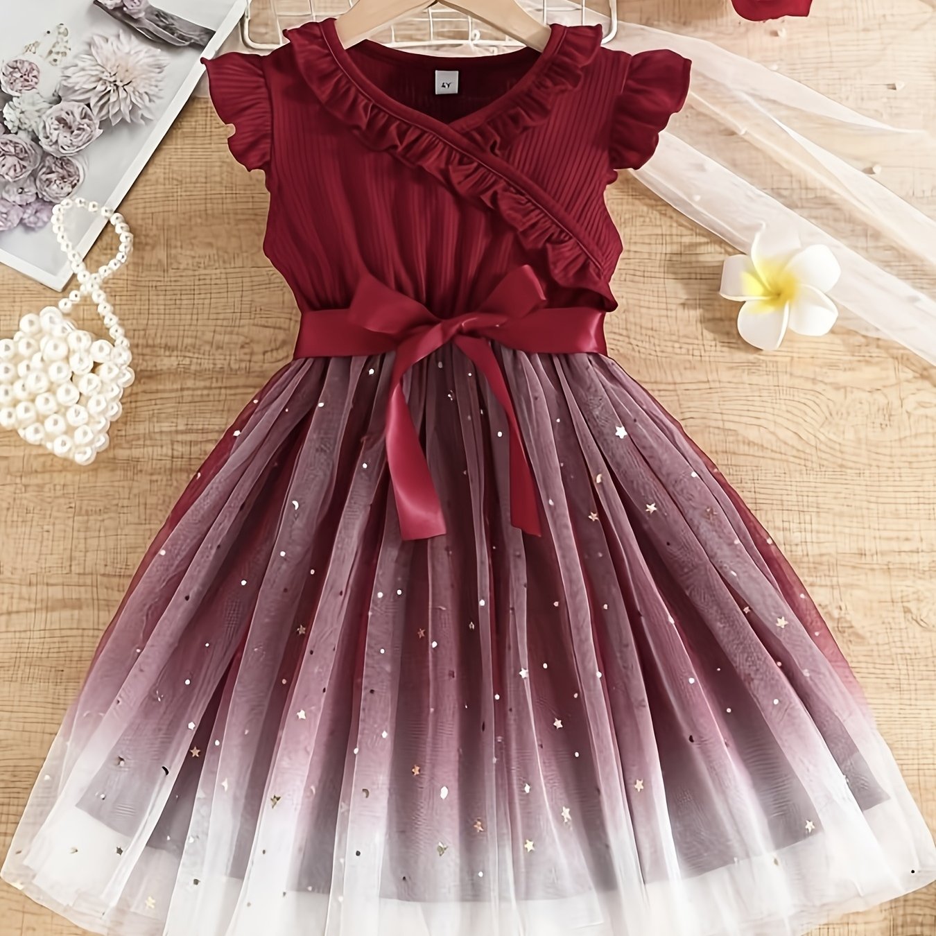 Image of Girls' Vintage Elegant Starry Sequin Mesh Lace Hem Princess Dress With Belt, Christmas, Valentine's Day Gift, Holiday Party, Gathering/birthday/evening/casual Wear