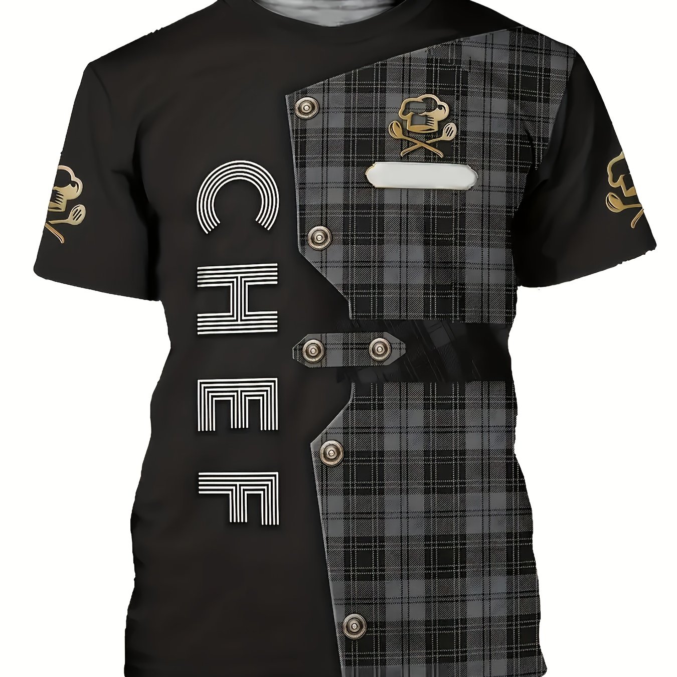 TEMU 1pc Camiseta de chef para hombre de 3D a cuadros - Camiseta de poliéster casual de cuello , estilo , corta para , tejido de punto regular con