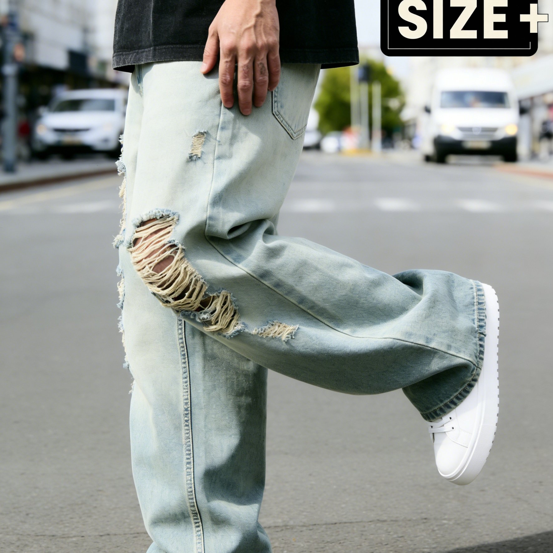 Image of [allsro] S332 Latest Plus Size Men's Straight Leg Casual Jeans For , Made Of Lightweight Luxe Fabric With Ripped Details, Featuring & Wash , Vintage Aged Look With Distressed Hole Design, Plus Size