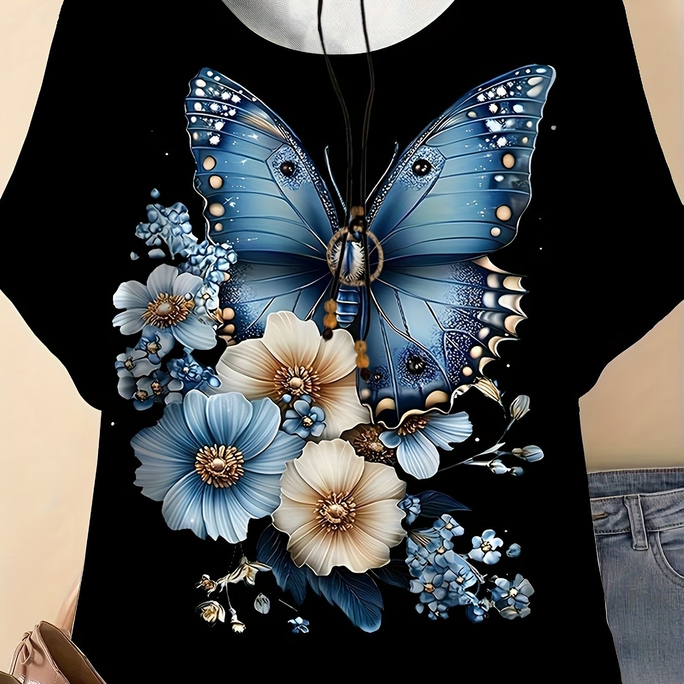 TEMU Plus Size - Plus Size - Women's Plus Size And Floral Print T-shirt - Casual Short-sleeve Round Neck Top, Vibrant Pink With Blue Butterflies And