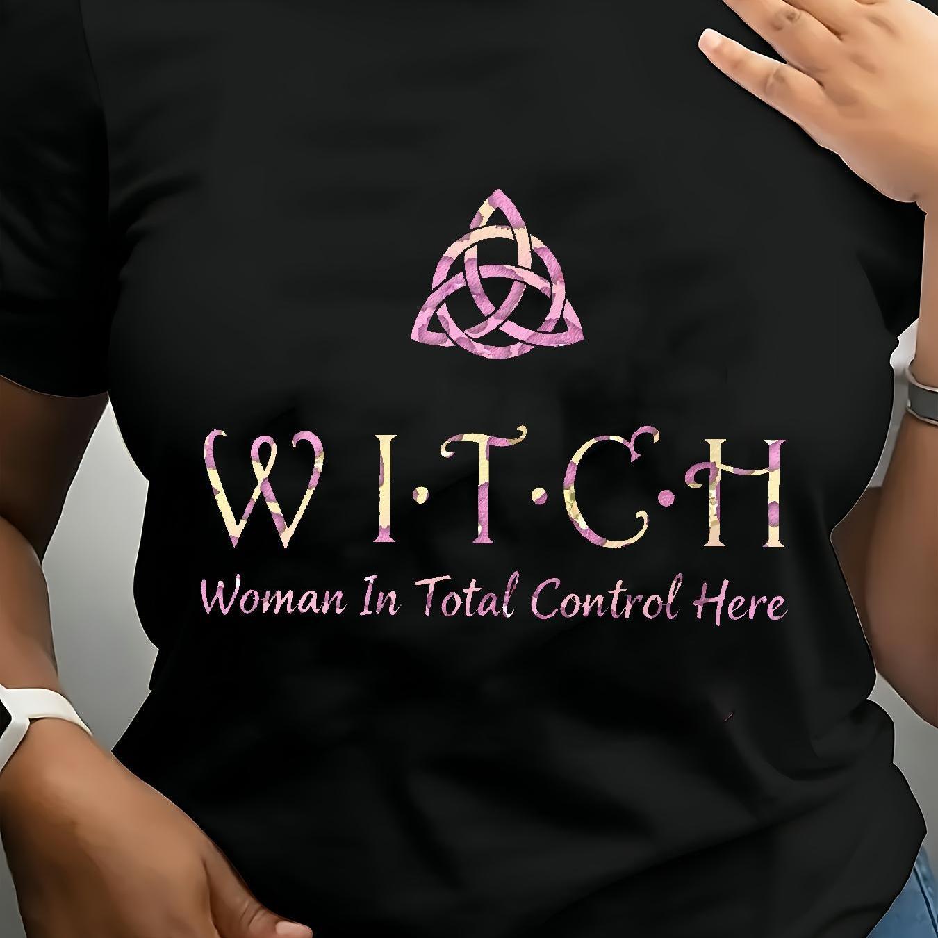 TEMU Plus Size, Women's Oversized -themed T-shirt With Wiccan Symbol & Slogan - Pink & Golden Celtic , Plus Size Loose Fit Casual Tee For Witchcraft