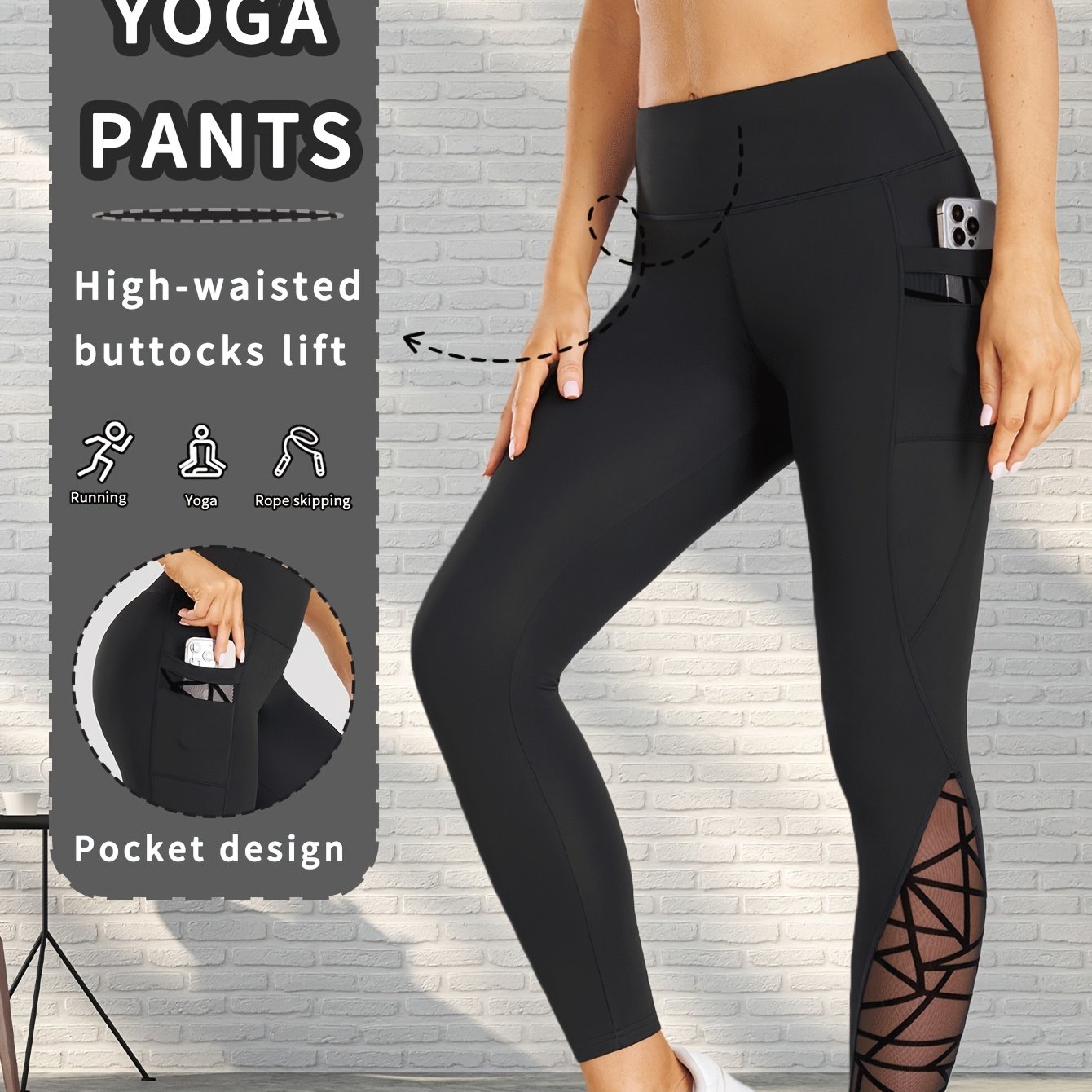 TEMU Pantalones de yoga de malla empalmada de moda para mujer, 1 pieza, mallas deportivas de cintura para fitness al , pantalones moldeadores que