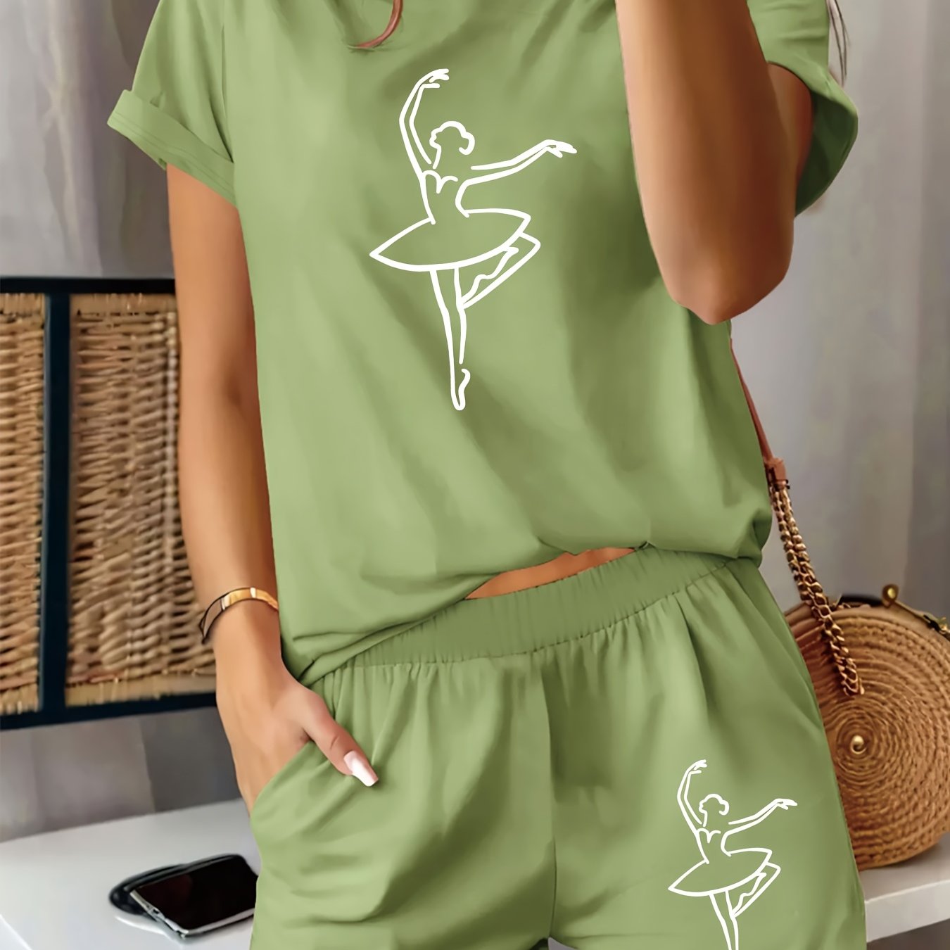TEMU 2pcs Fashionable Women's Loungewear Set Featuring A Ballerina Print, Elegant Dance Design On A Round-neck Short-sleeve T-shirt And Pocketed