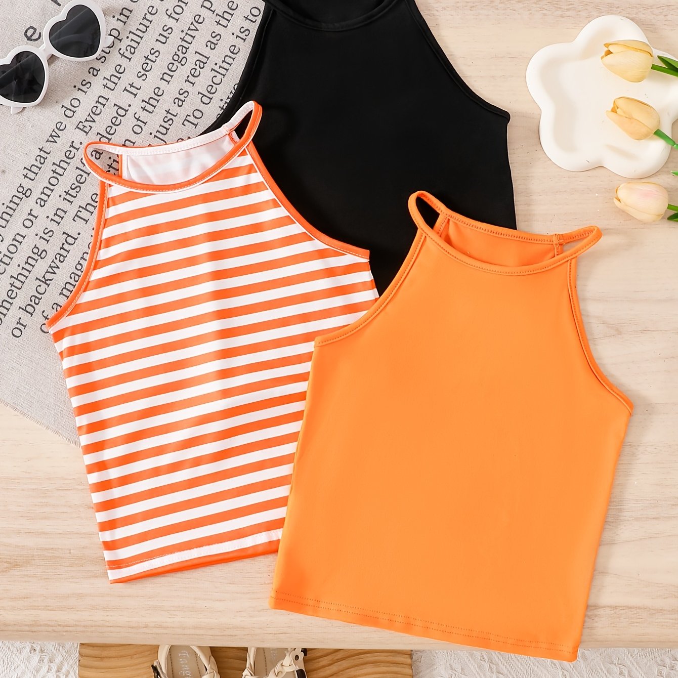 TEMU Girls (small) 3pcs Classic Vest Set, Striped And Solid , Retro Palette (orange-, Warm Orange), Casual , Retro