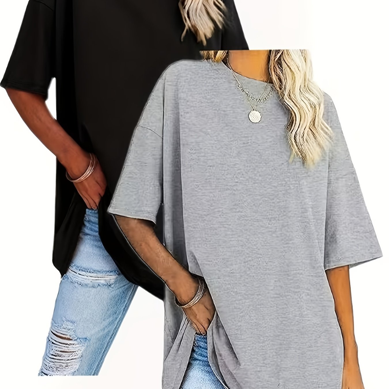 TEMU Plus Size, 2pcs Set Plus Size Round Neck Women's T-shirt Short Sleeve Versatile Top